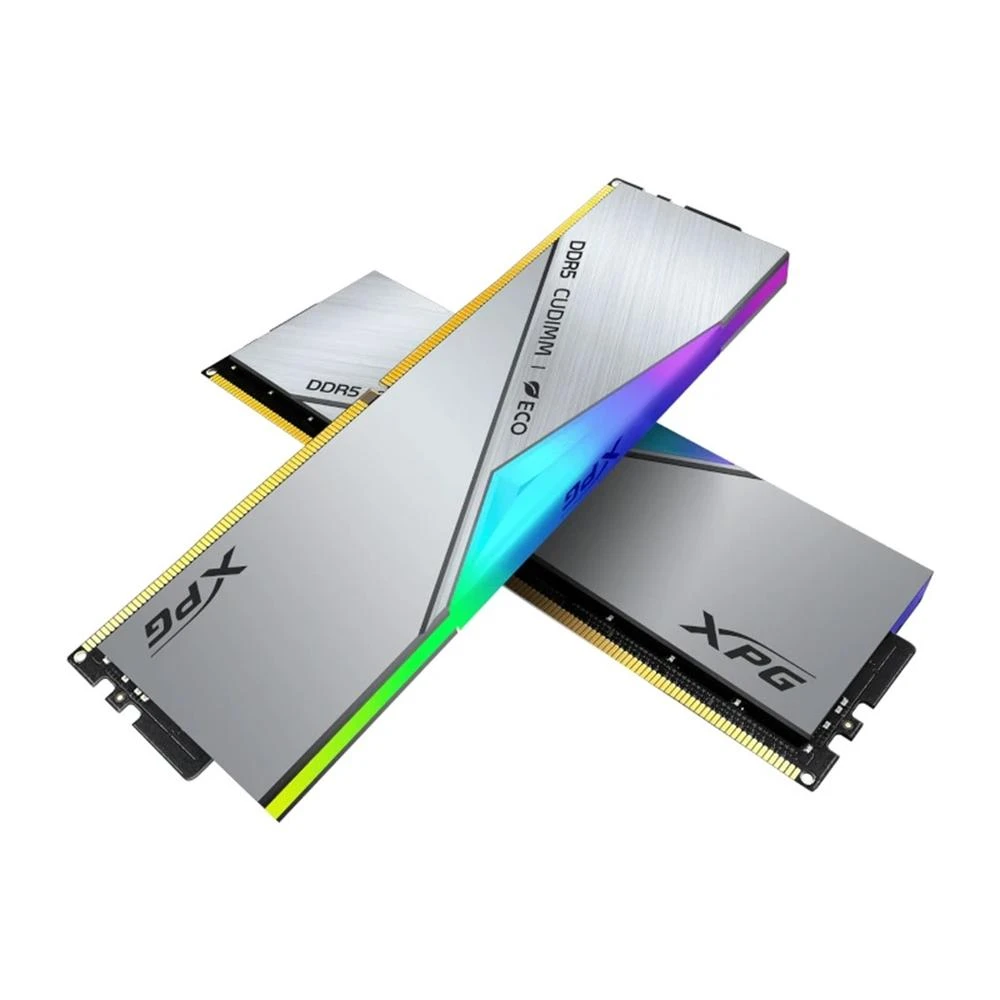 Beyaz arka plan üzerinde RGB aydınlatmalı ve XPG logolu iki gümüş DDR5 RAM modülü.