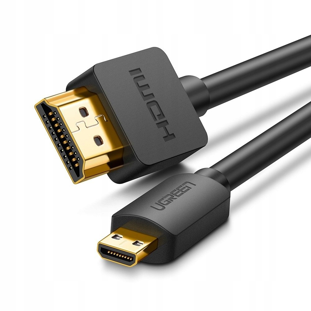 Czarny kabel HDMI ze złotymi złączami. Jedna wtyczka jest duża, druga mała.