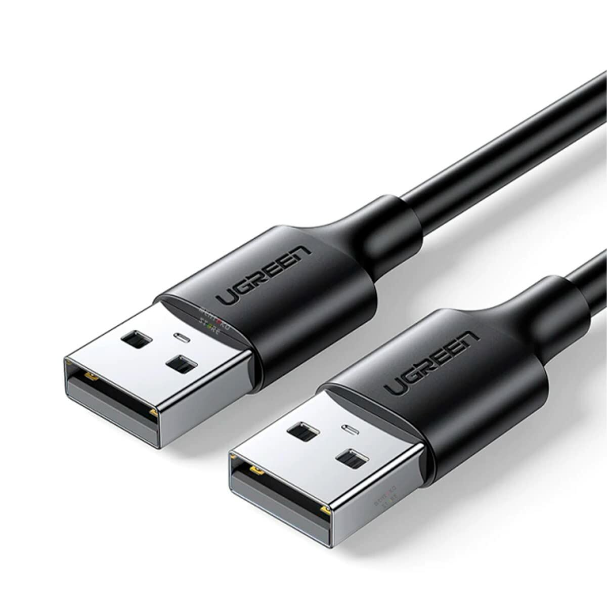 Dwa czarne kable USB-A ze srebrnymi złączami leżą obok siebie.