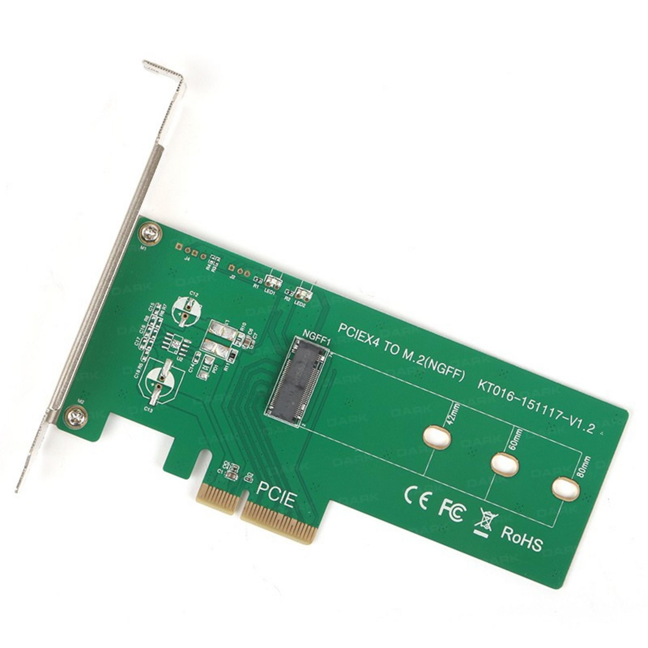PCIe konektörlü, M.2 yuvalı ve etiketli yeşil devre kartı.