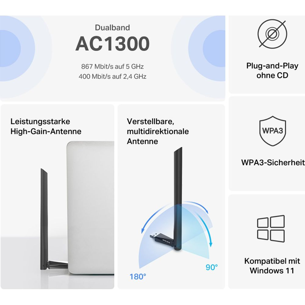 AC1300 Dualband WiFi adapter with adjustable antenna, Plug-and-Play, WPA3, and Win 11 compatibility.