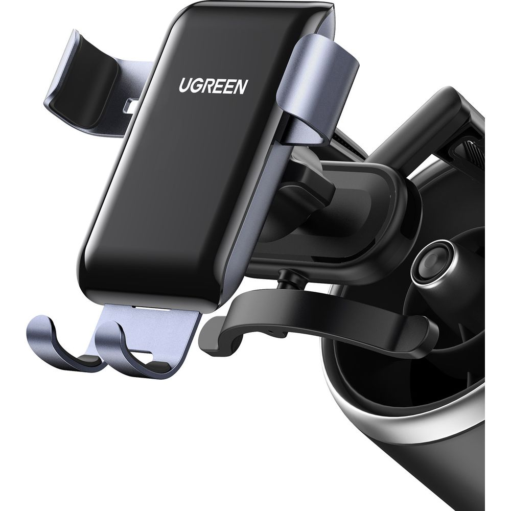 Czarny uchwyt na telefon UGREEN do samochodu, z srebrnymi akcentami.