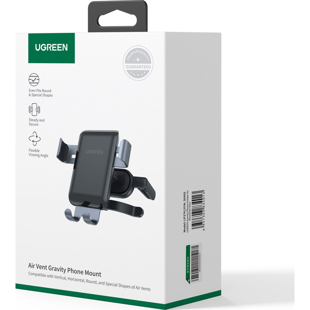 Opakowanie UGREEN Air Vent Gravity Phone Mount, pokazujące uchwyt i funkcje.