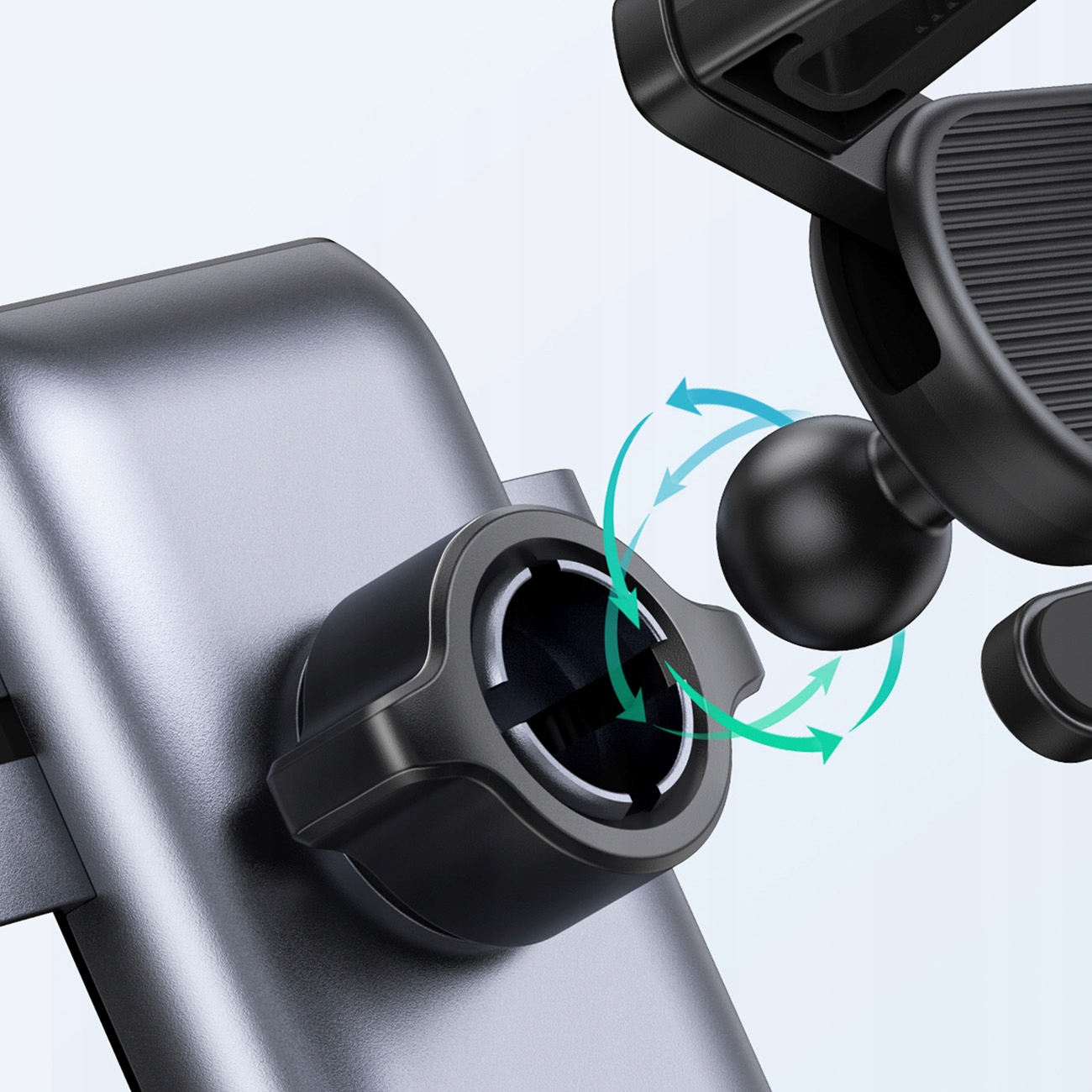 Szary uchwyt na telefon z przegubem kulowym i strzałkami wskazującymi obrót.