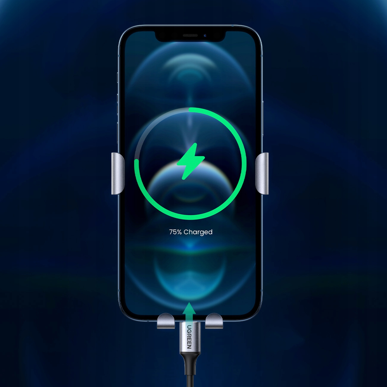 Smartfon pokazuje 75% naładowania podłączony do kabla ładującego.