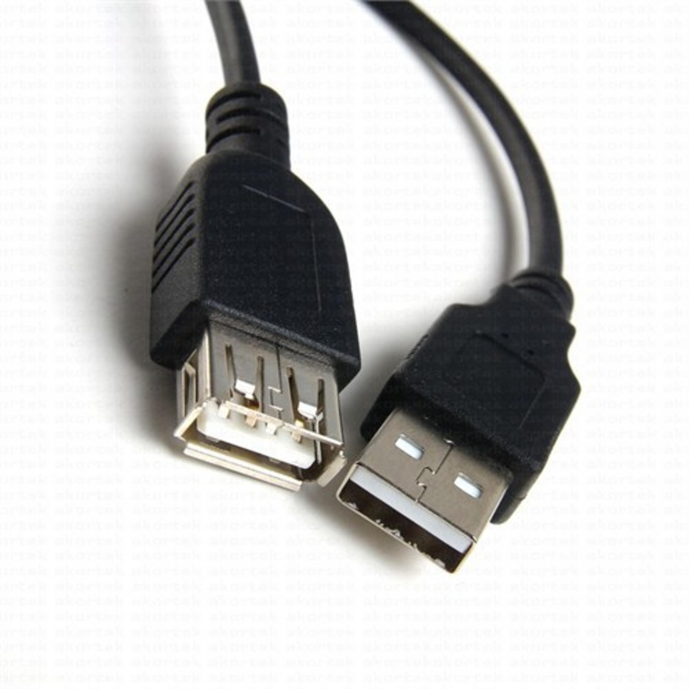Bir erkek ve bir dişi konektörlü siyah USB kablosu.