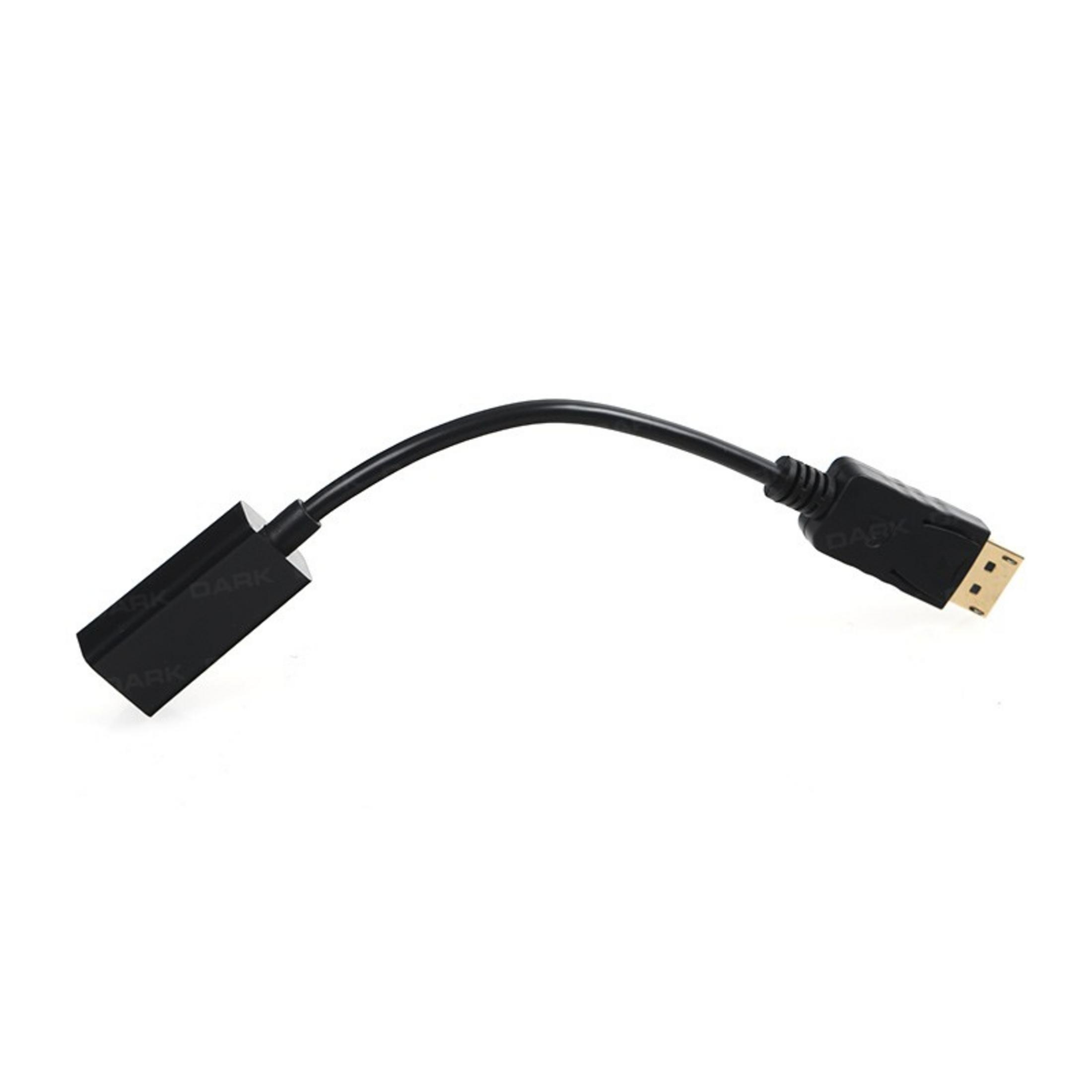 Altın konnektörlü siyah bir DisplayPort - HDMI adaptörü.