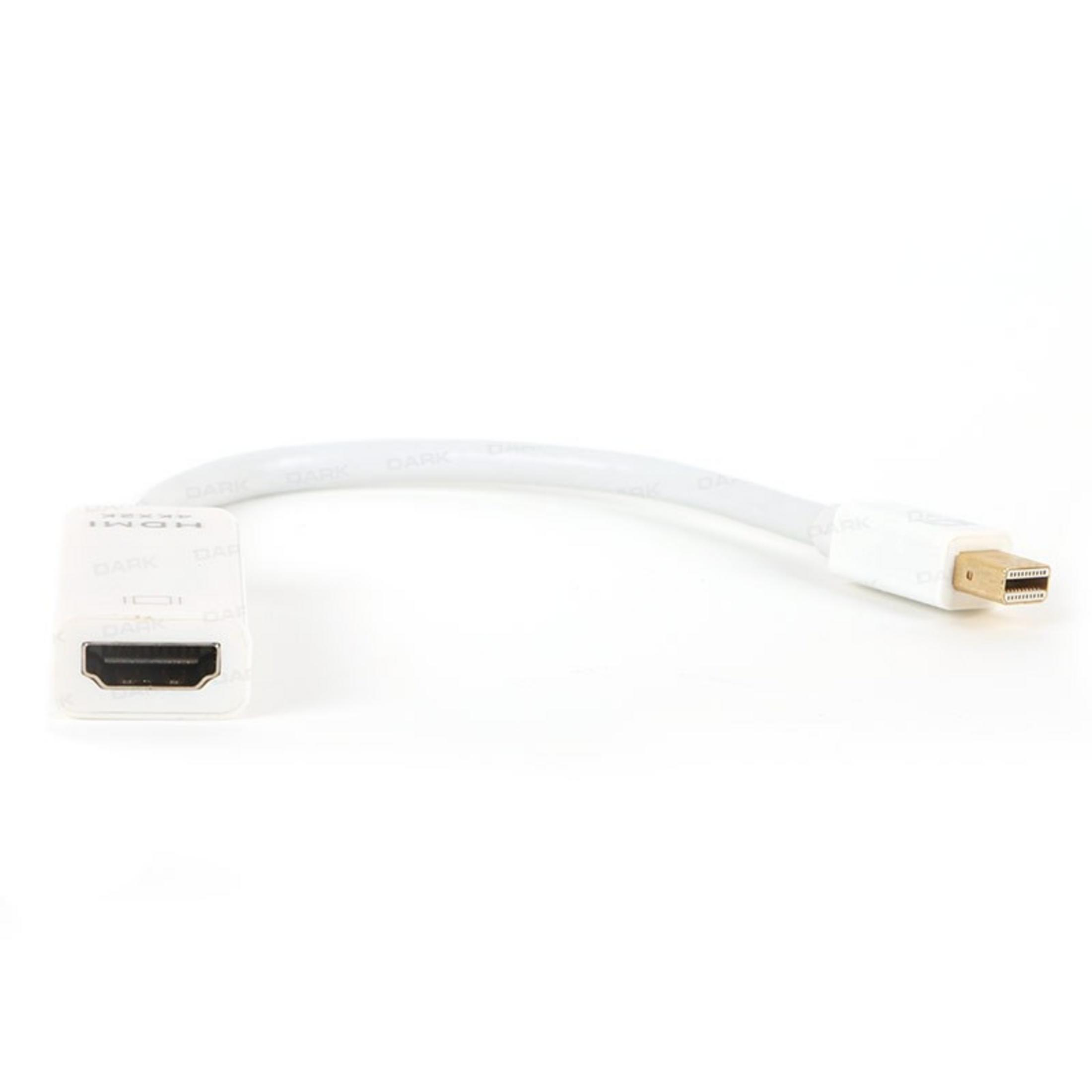 Beyaz bir HDMI - Mini DisplayPort kablosu beyaz zeminde duruyor.