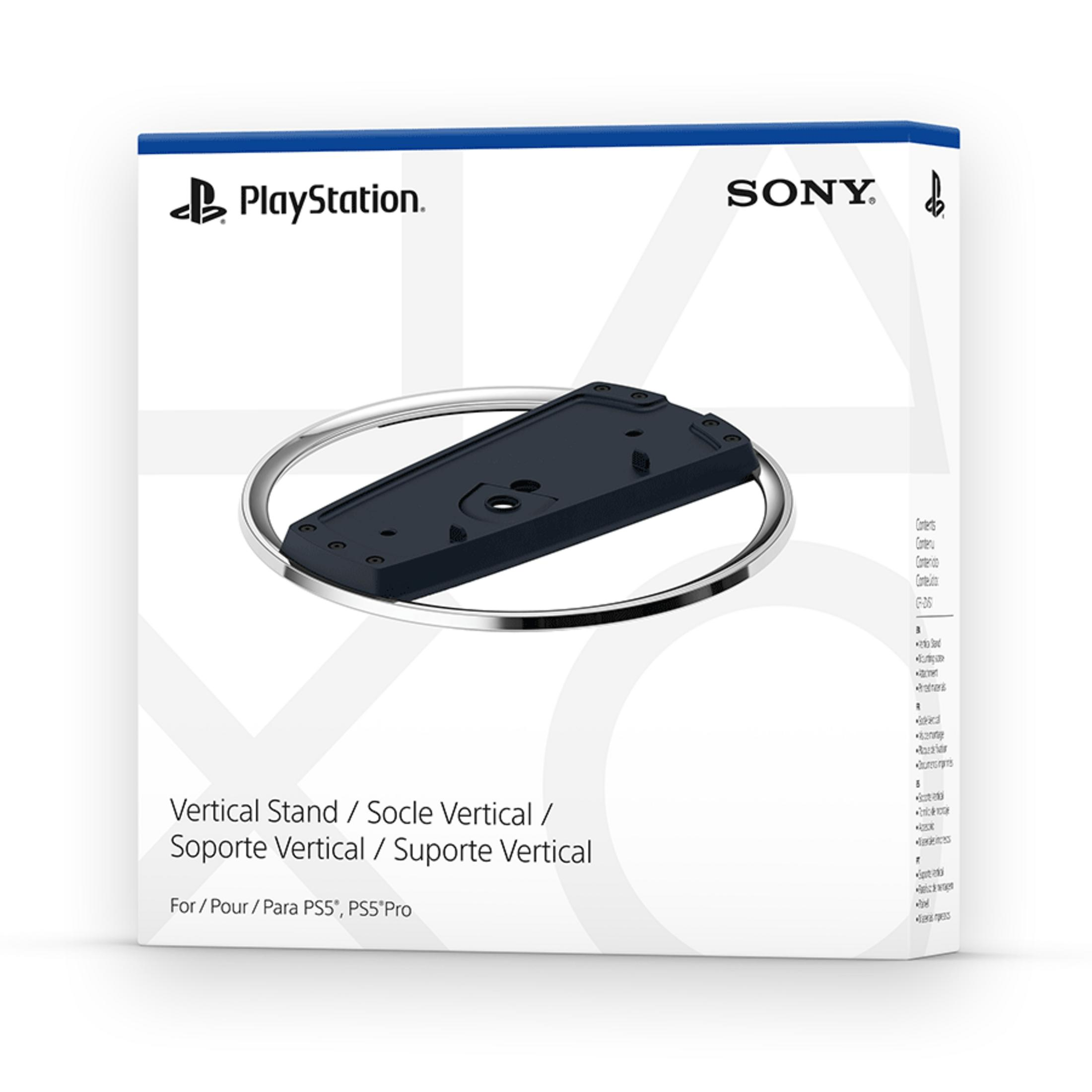 Czarny pionowy stojak PlayStation 5 ze srebrnym pierścieniem na białym pudełku.