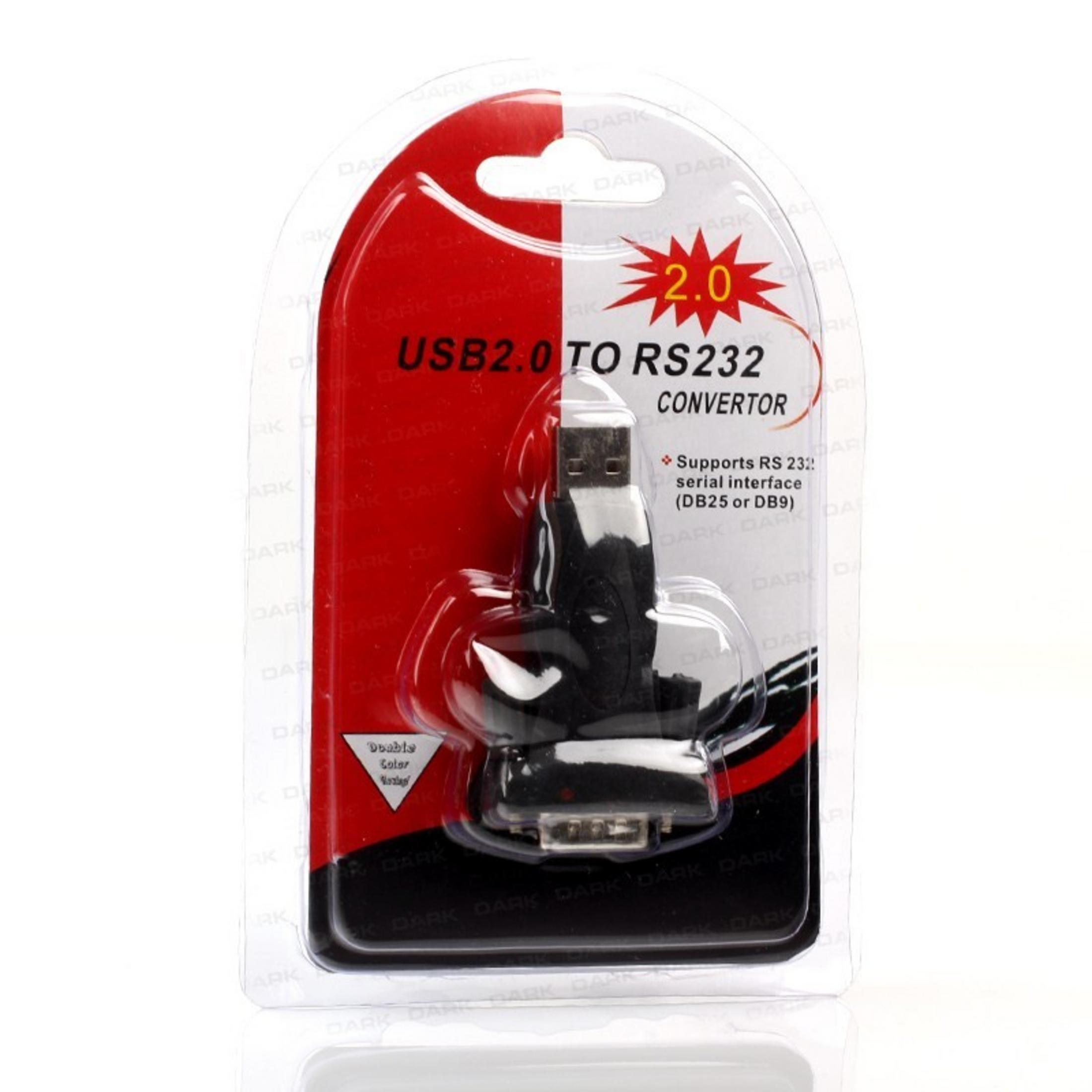 Ambalajında USB 2.0 - RS232 dönüştürücü. USB fişi ve RS232 bağlantı noktasını gösterir.