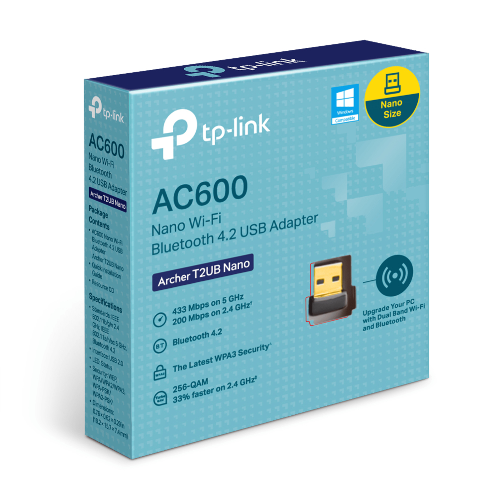 Boîte adaptateur USB TP-Link AC600 Nano Wi-Fi Bluetooth 4.2 avec détails.