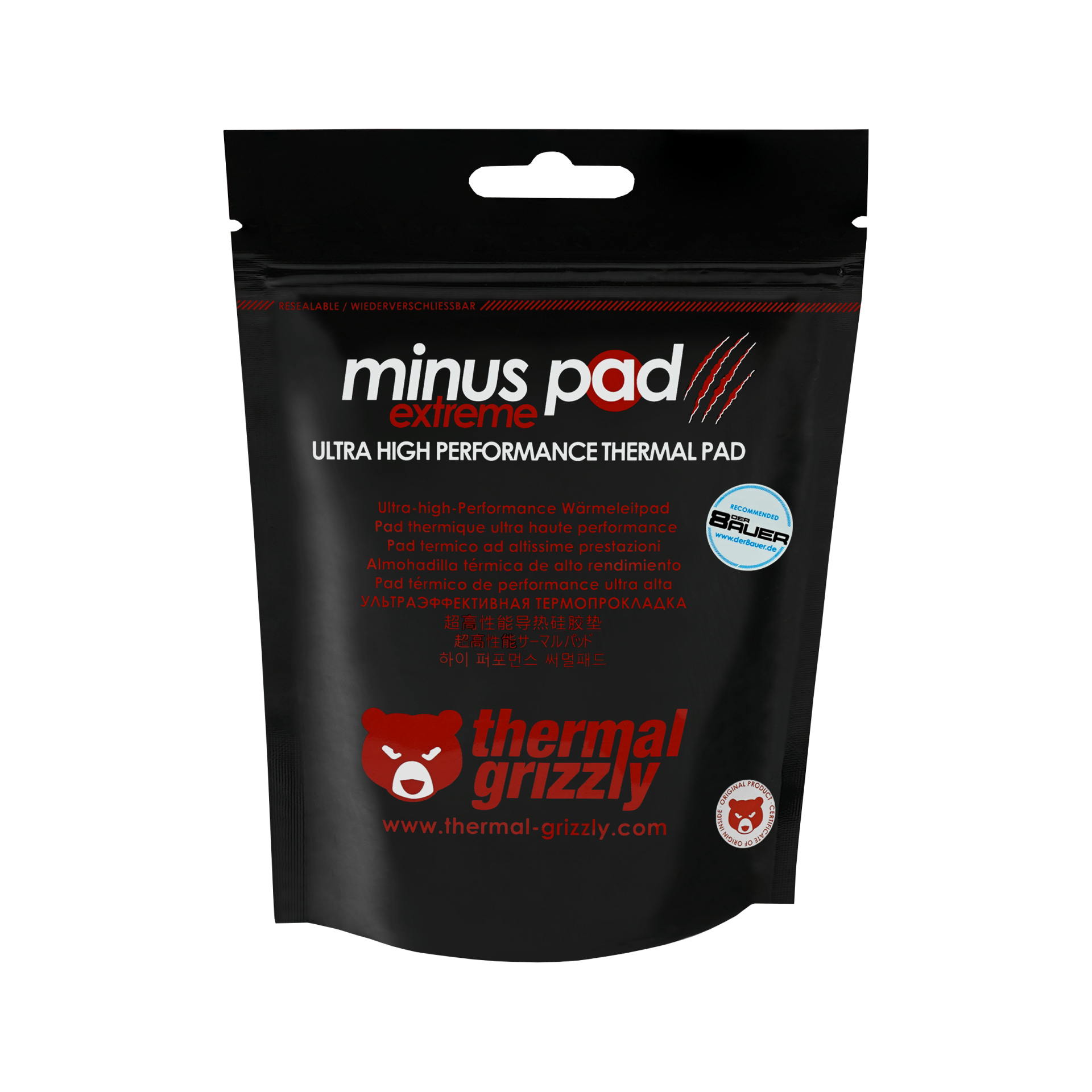 Kırmızı baskılı siyah poşet: Minus Pad Extreme, Thermal Grizzly, ayı logosu ile.
