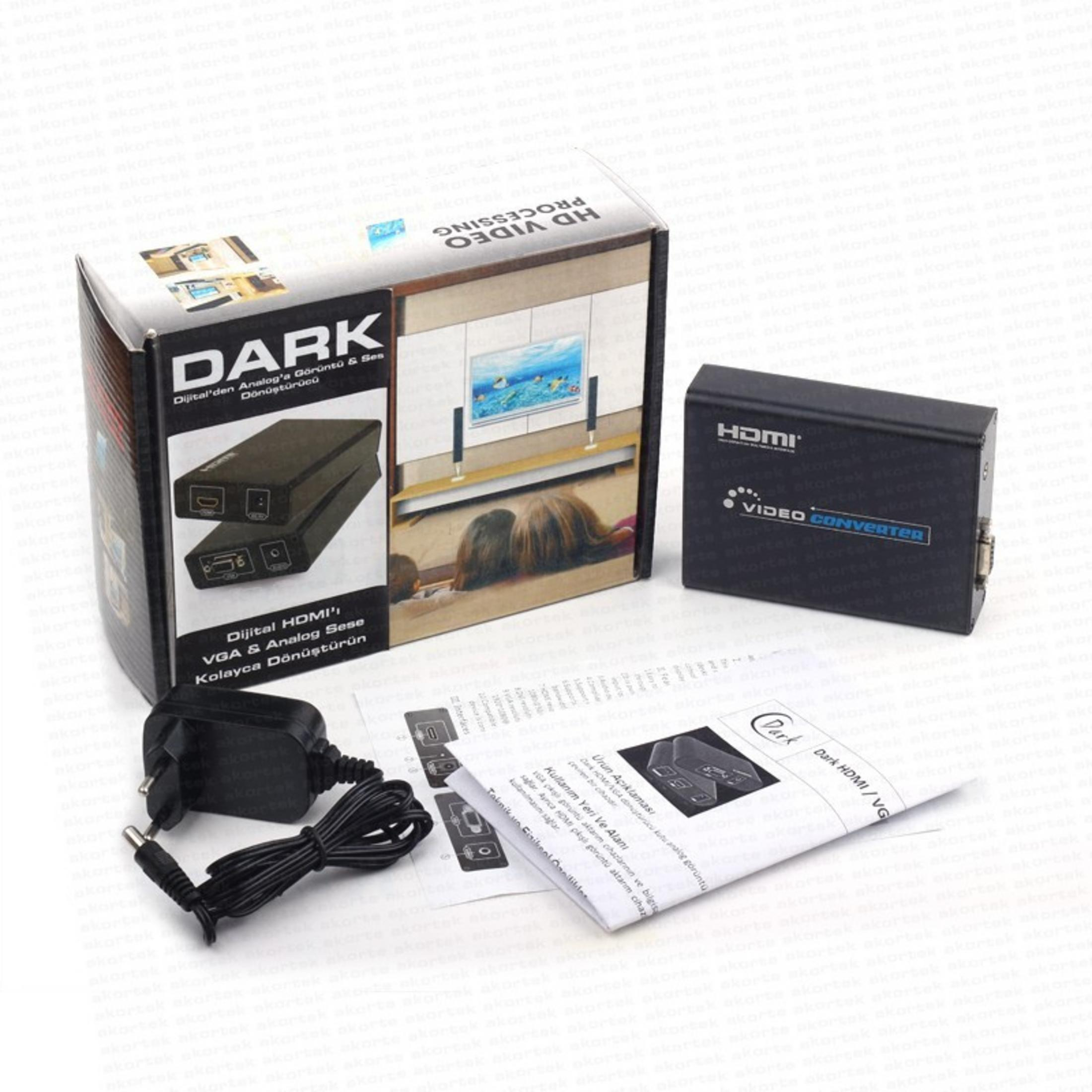 Kablolar, güç adaptörü ve kılavuz içeren Dark HDMI/VGA dönüştürücü.