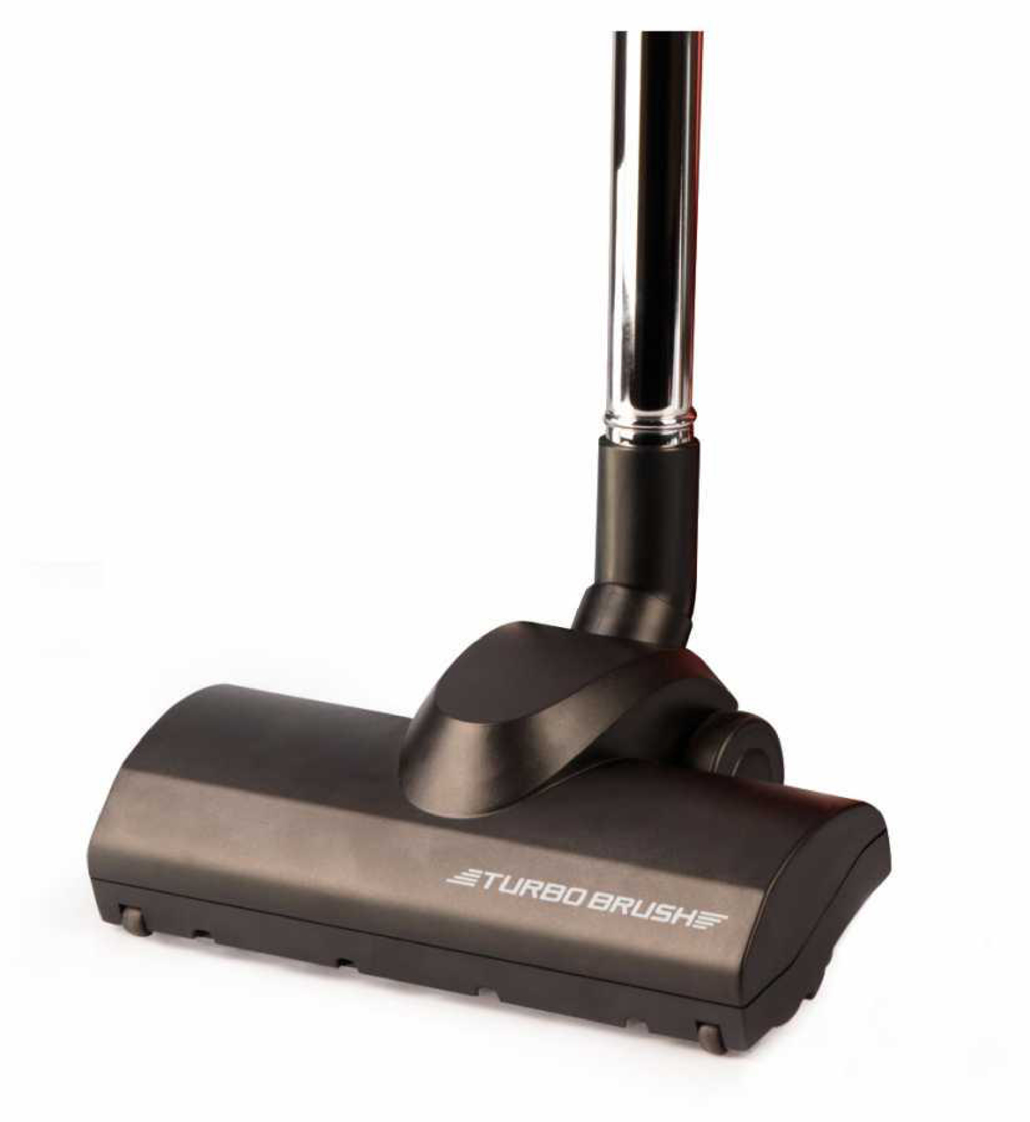 Testina aspirapolvere grigio scuro con tubo argentato, etichettata 'TURBO BRUSH'.