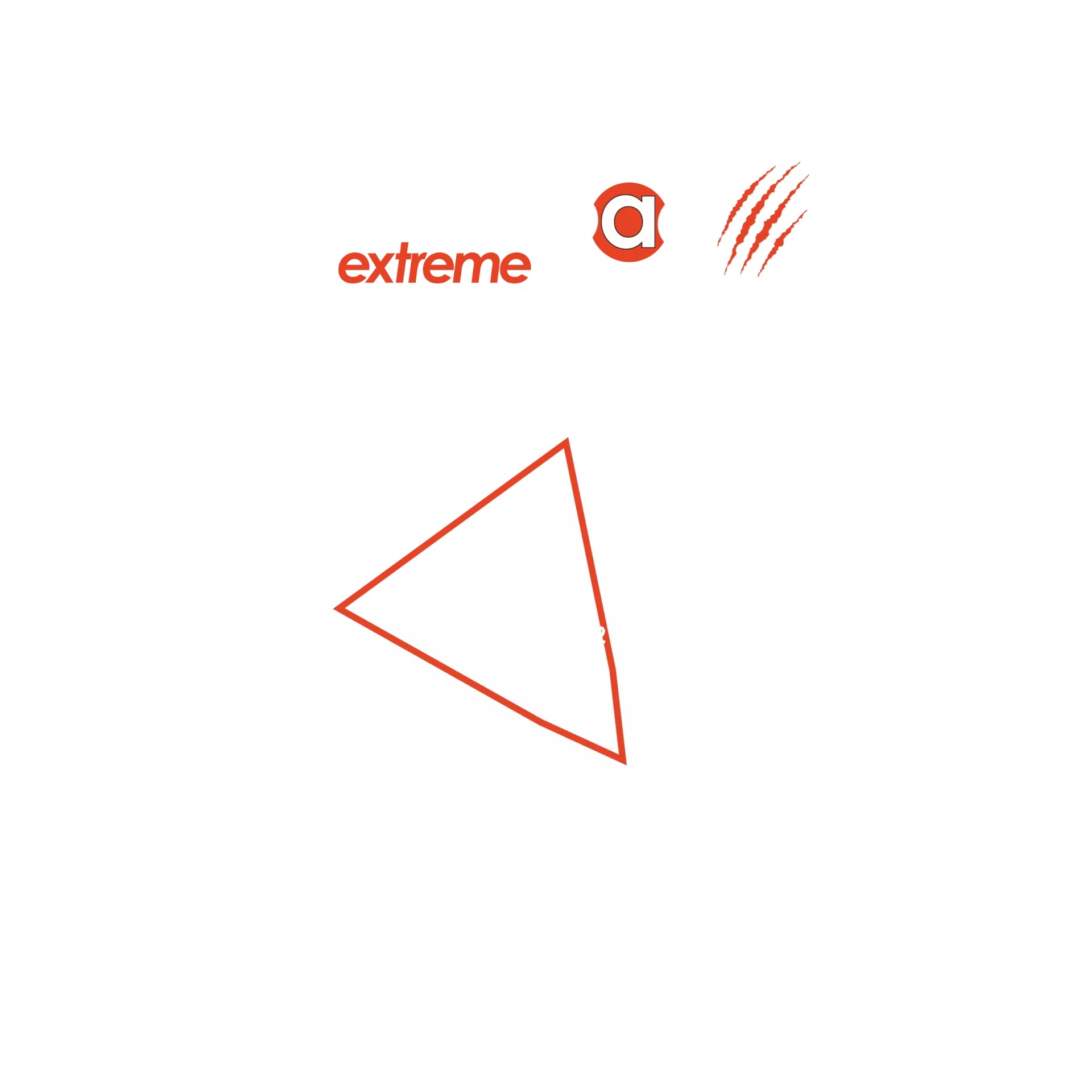 Kırmızı üçgen, 'extreme' kelimesi, 'a' logosu ve beyaz zeminde kırmızı tırmık izleri.
