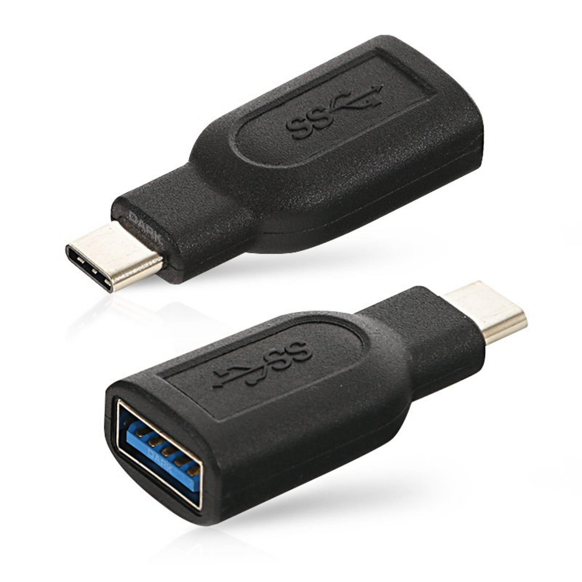İki siyah USB adaptörü: dişi USB-A'ya erkek Tip-C ve dişi Tip-C'ye erkek USB-A.