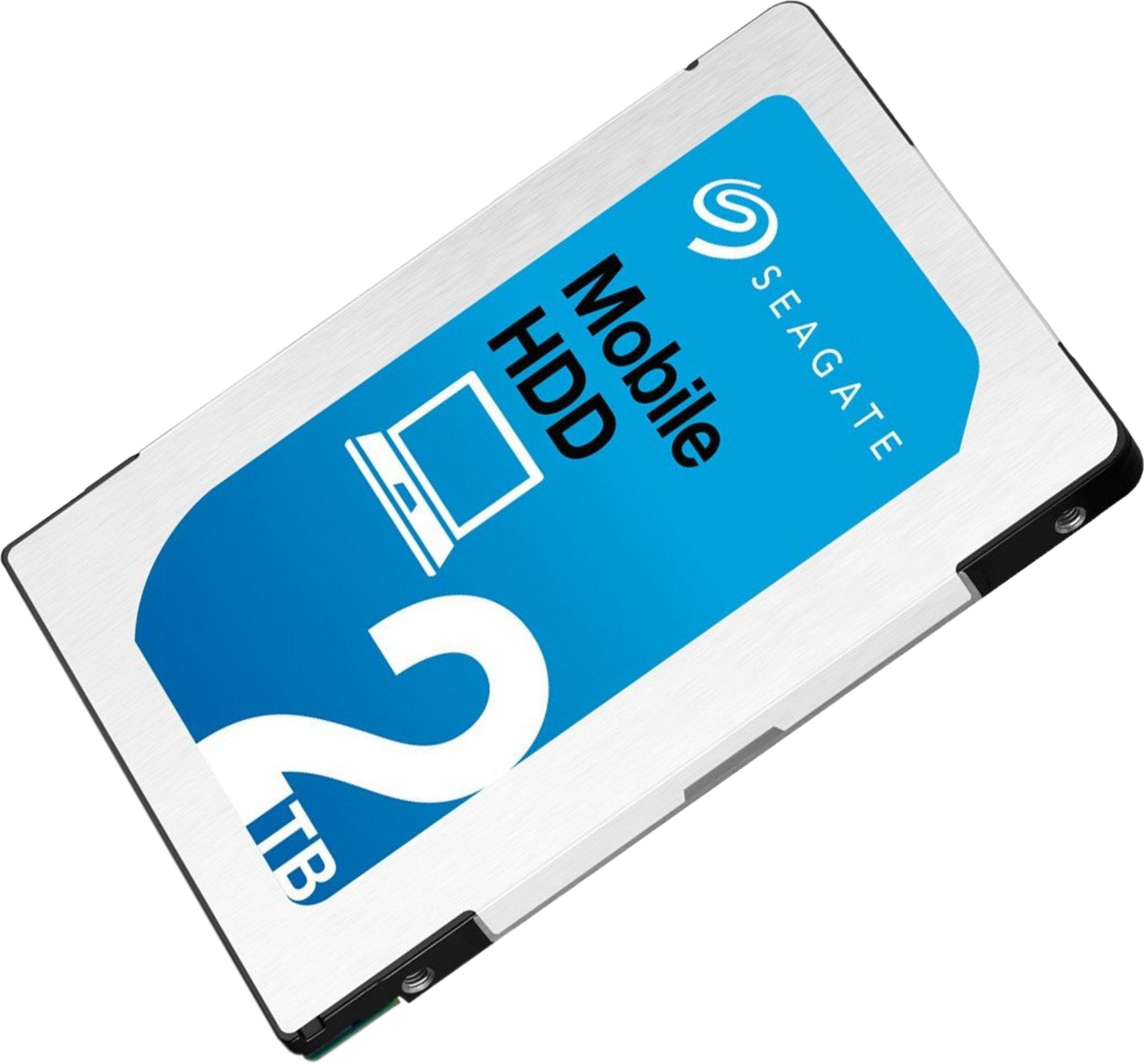 Hard disk esterno Seagate Mobile HDD da 2TB con etichetta blu e icona laptop.