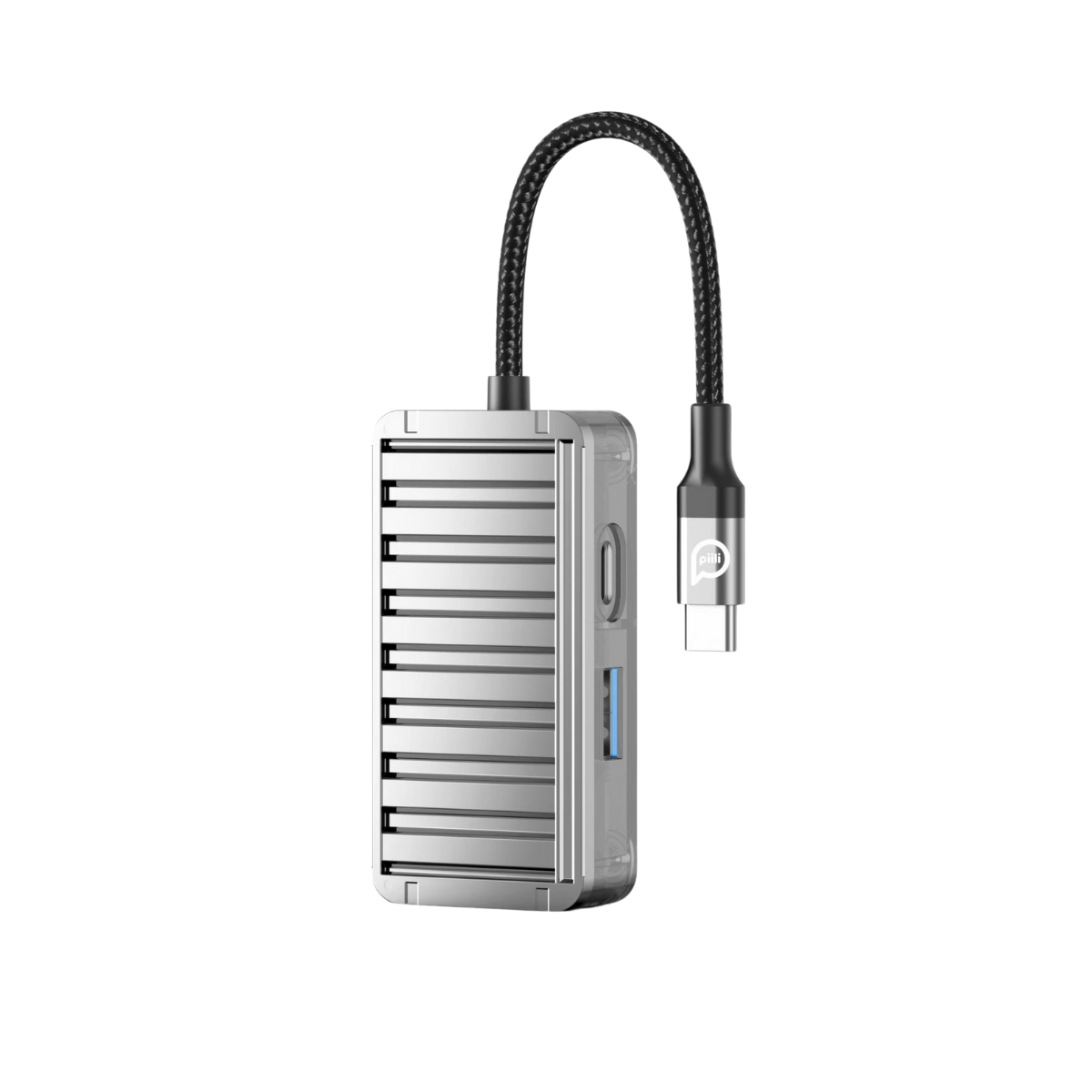 Gümüş renkli, yivli kasalı ve örgülü kablolu USB-C hub.