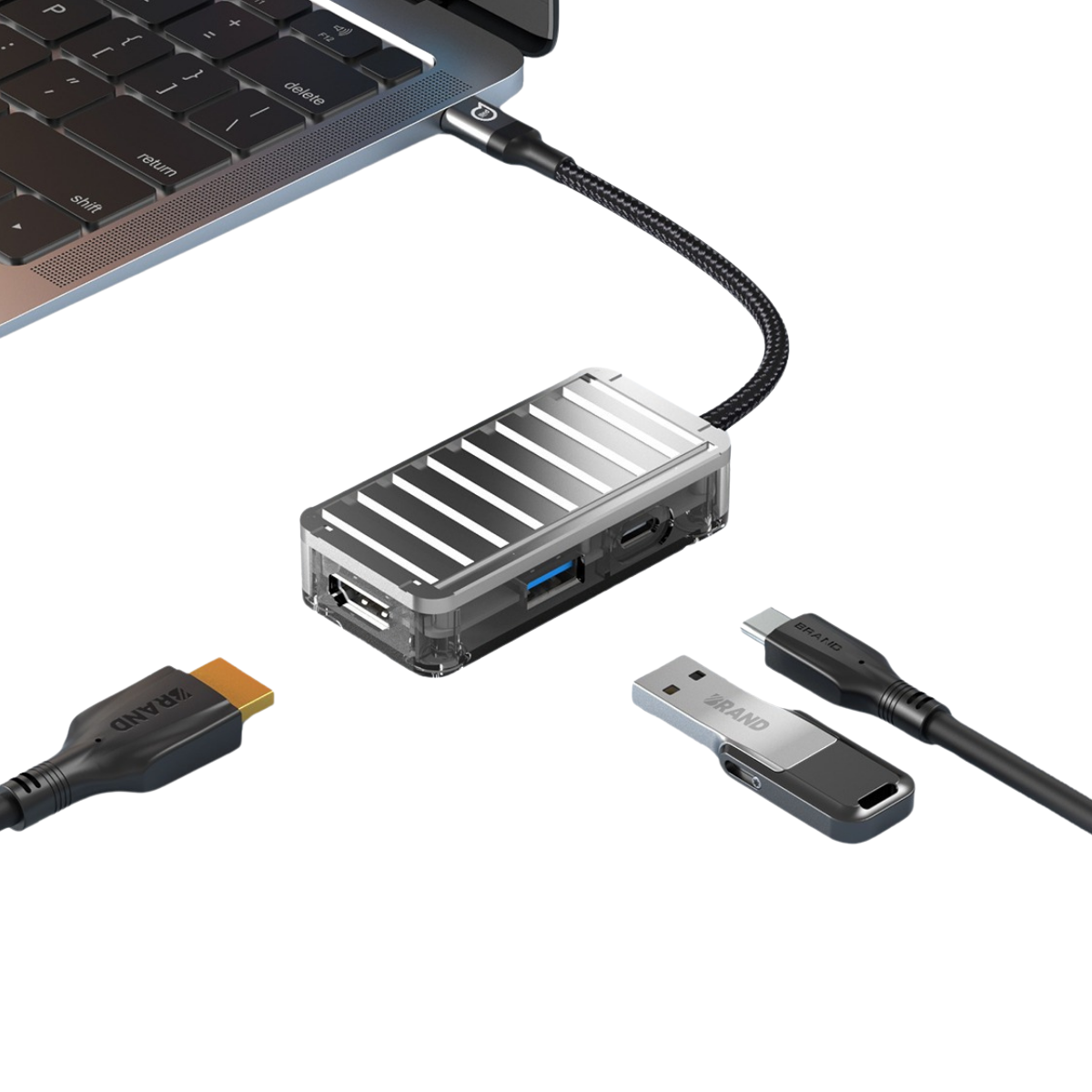 Dizüstü bilgisayar USB-C hub'a bağlı. Hub'da HDMI, USB-A, USB-C portları var. Flash bellek yakında.