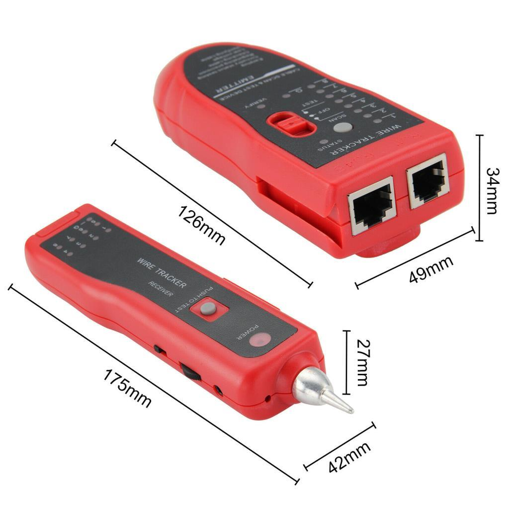 RJ45 portlu ve boyutları gösterilen iki kırmızı kablo izleyici cihaz.