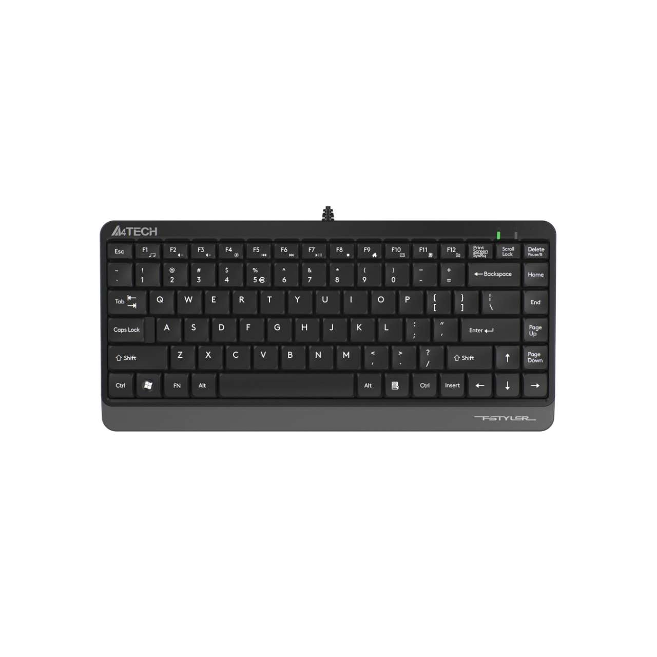 Beyaz arka plan üzerinde QWERTY düzenli siyah A4TECH FSTYLER klavye.
