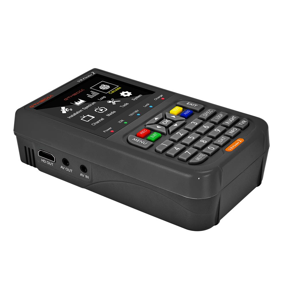 Tuş takımı ve ekranlı siyah bir GTMEDIA V8 Finder 2 uydu ölçüm cihazı.
