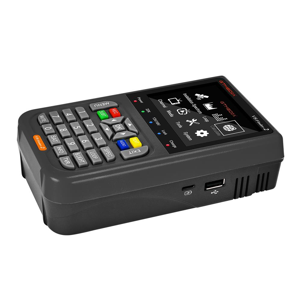 GTMEDIA V8 Finder 2'yi gösteren tuş takımı ve ekrana sahip siyah bir uydu bulucu.