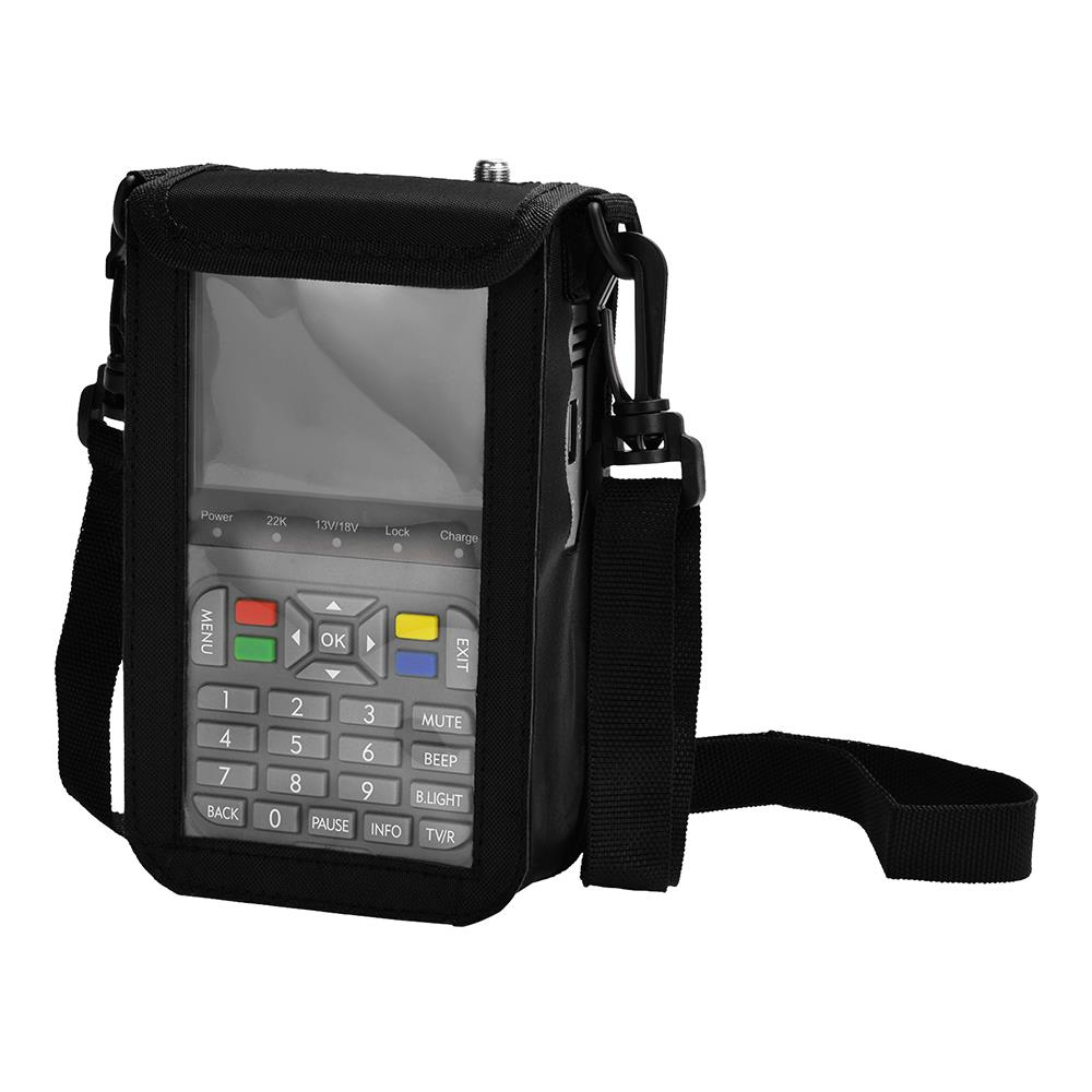 Siyah uydu bulucu cihazı koruyucu kılıfta, lanyard ile.