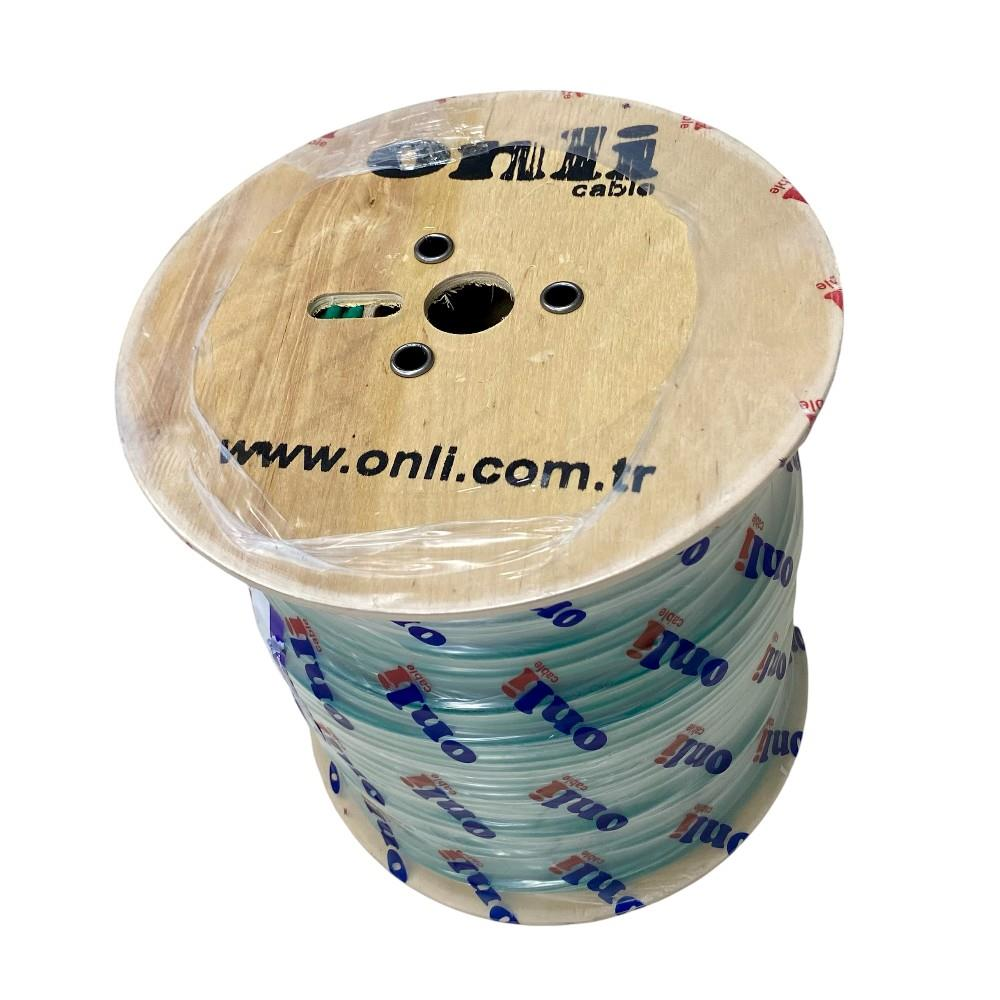www.onli.com.tr etiketli, mavi-yeşil kablolu ahşap kablo makarası.