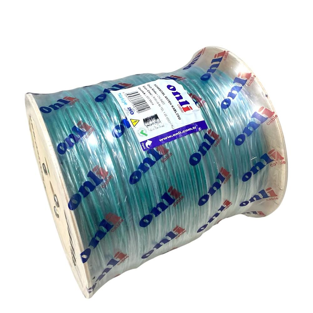 Turkuaz koaksiyel kablo rulosu, üzerinde 'Onli Cable' logosu var.