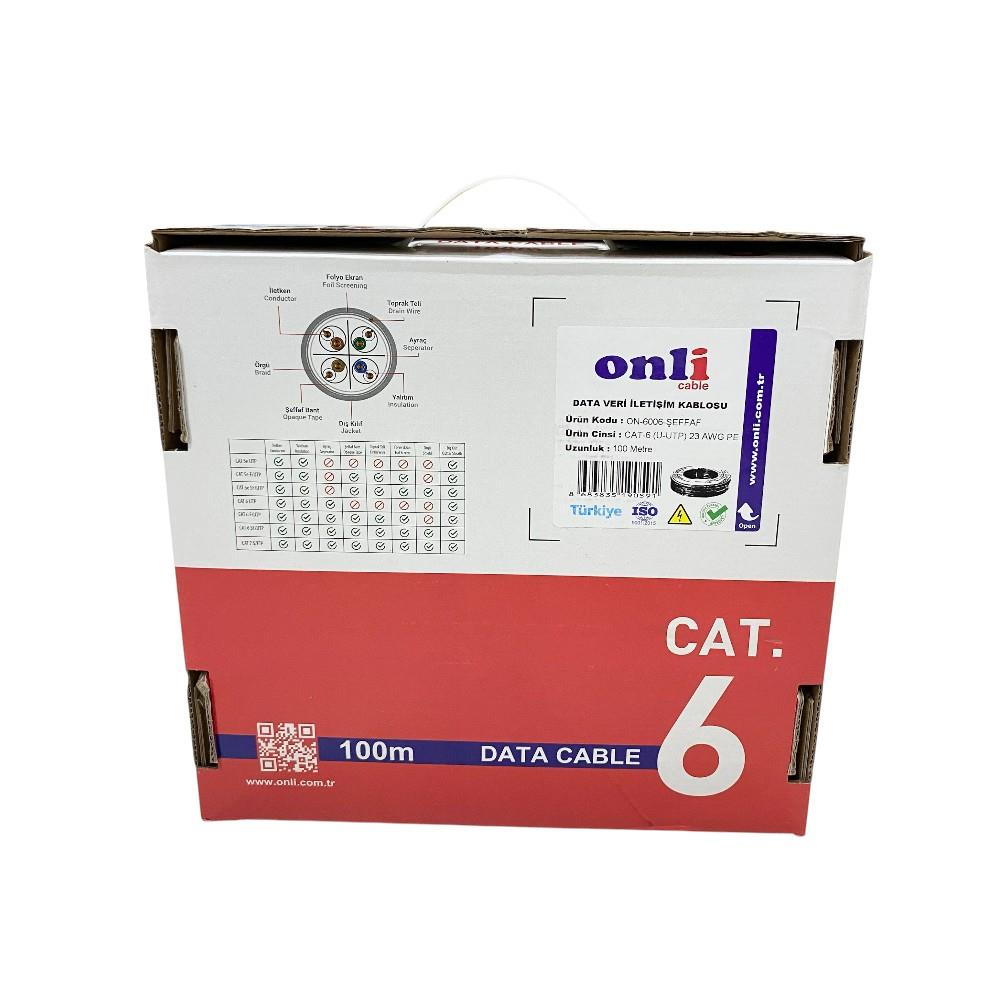 Onli CAT 6 veri kablosu 100m kutuda. Şema, özellikler ve barkod içerir.