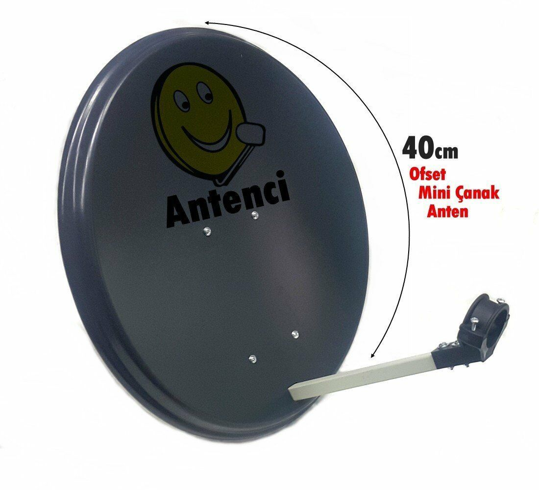 Gülümseyen yüzlü ve "Antenci" logolu gri çanak anten.