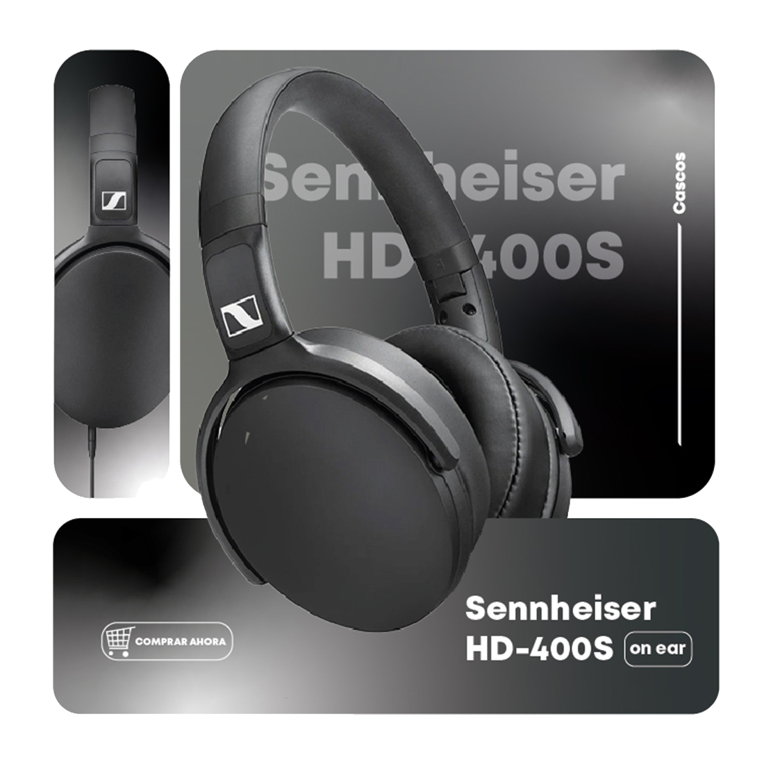 Zwarte Sennheiser HD 400S over-ear koptelefoon met kabel en winkelwagenicoon.