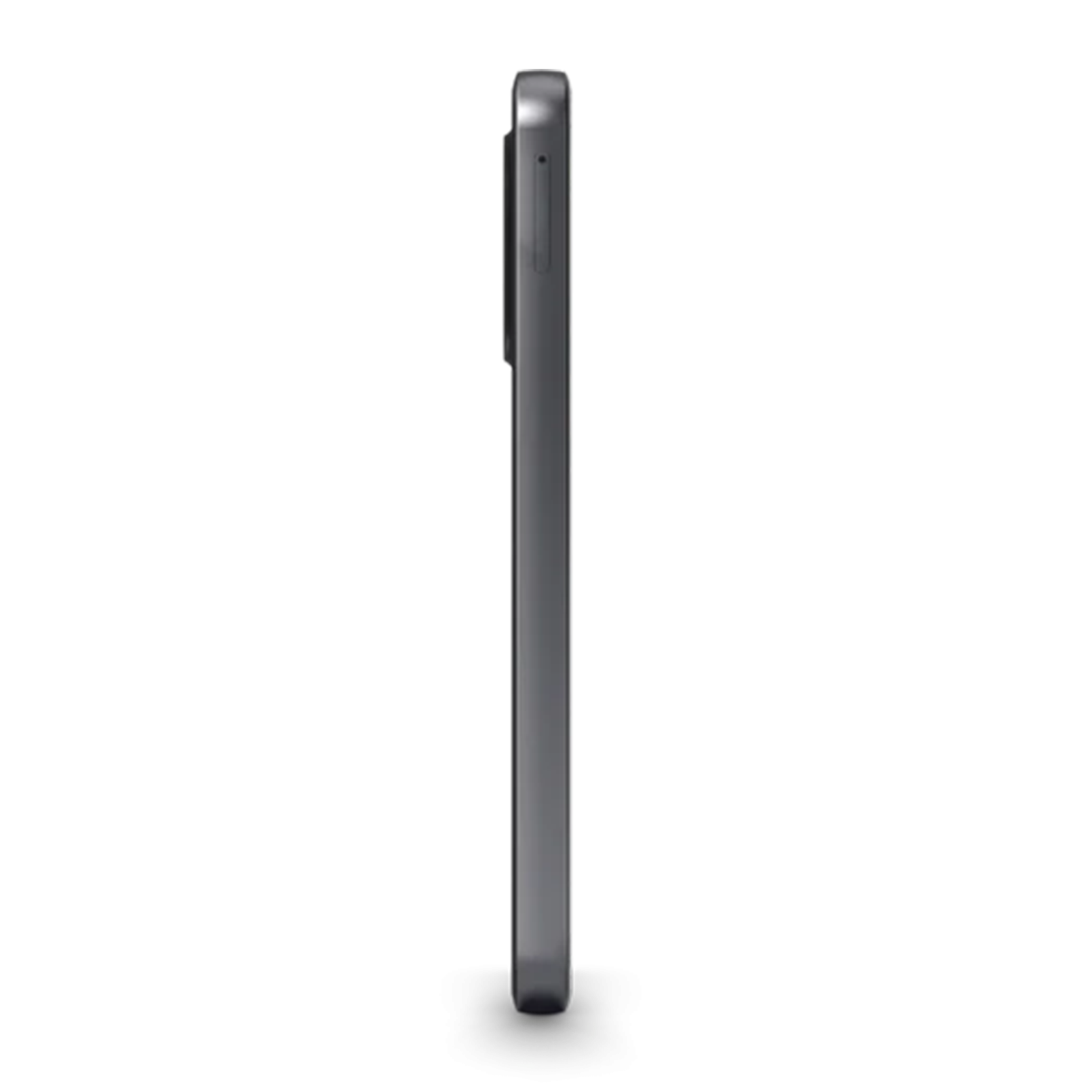 Smartphone grigio visto di profilo su sfondo bianco.