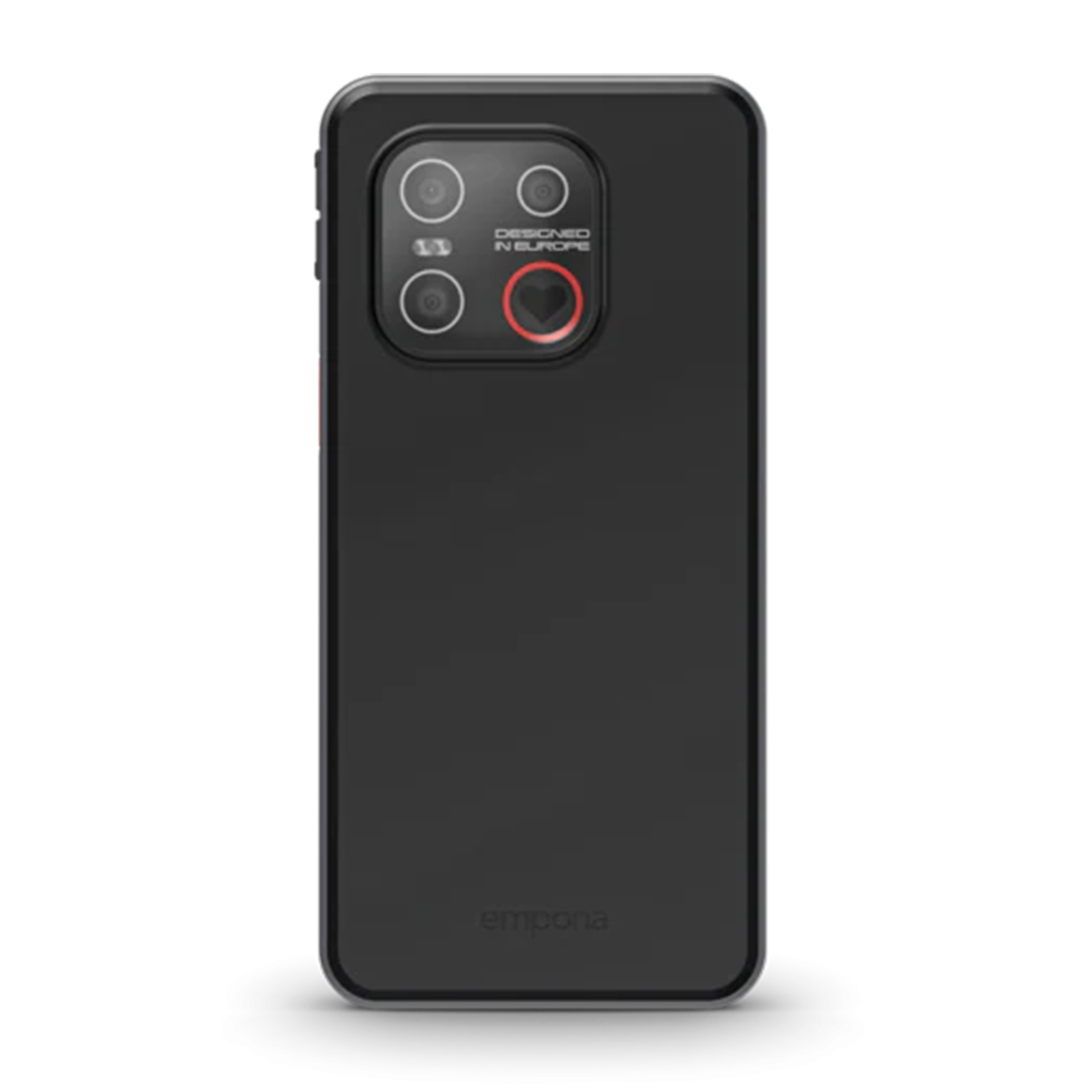 Retro di uno smartphone nero con tre fotocamere e simbolo di cuore.