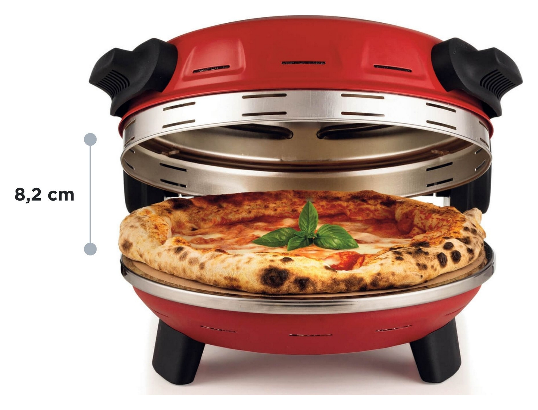 Roter Pizzaofen mit einer fertigen Pizza mit Basilikum. Angegeben ist eine Höhe von 8,2 cm.