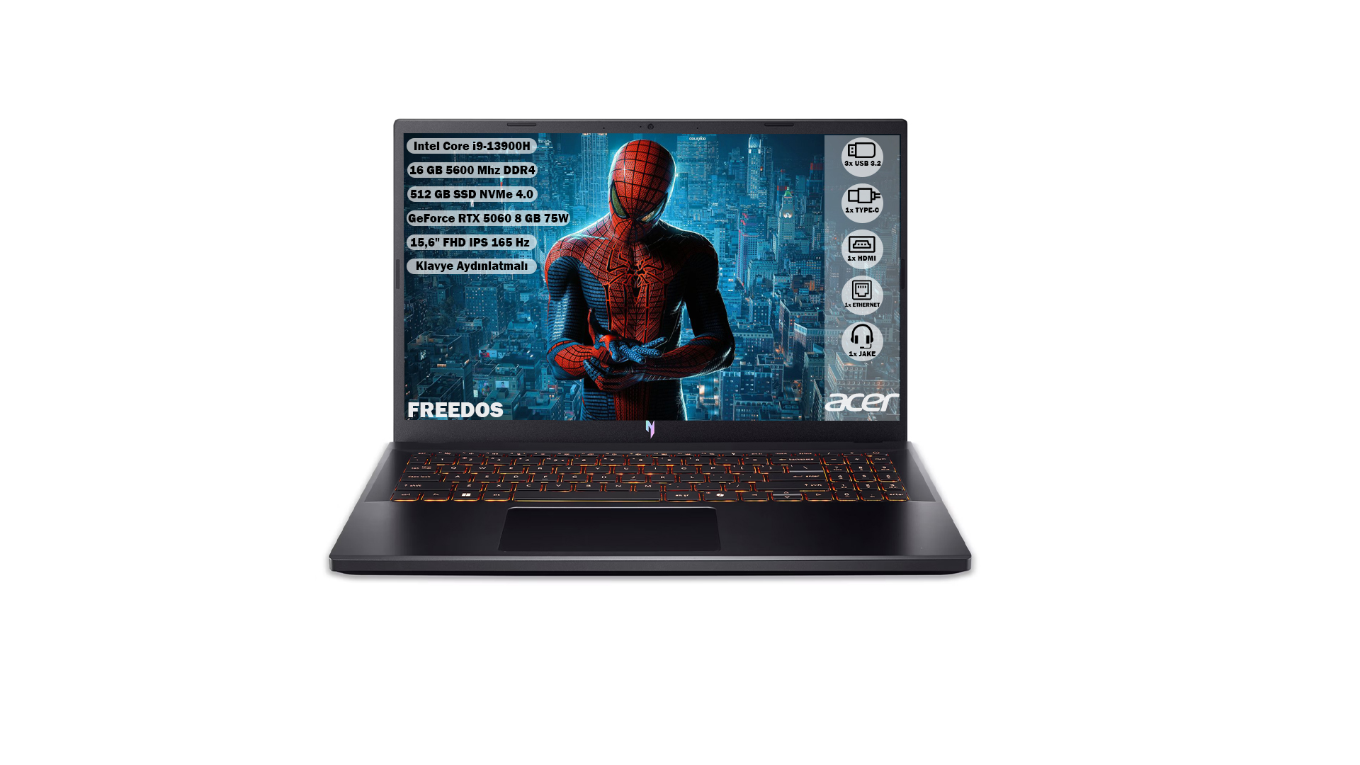 ACER ANV15-52 RTX 5060 FHD IPS 165 HZ NH.QZ8EY.004 Intel Core I9-13900H 16 GB RAM 512 GB SSD 15,6 inç FreeDOS Laptop Siyah