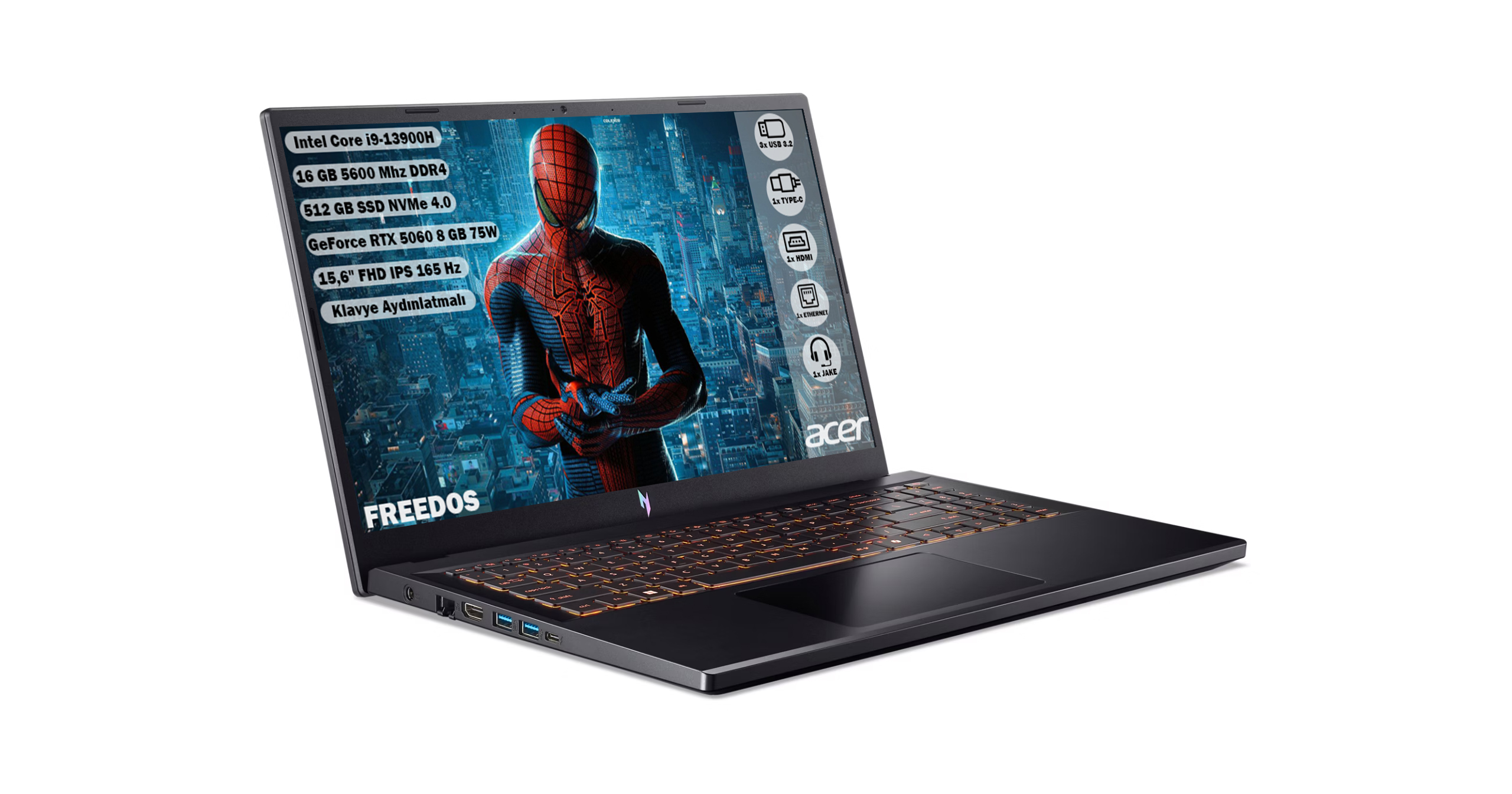 Ekranında Spiderman ve arkadan aydınlatmalı klavyeli siyah Acer dizüstü bilgisayar.