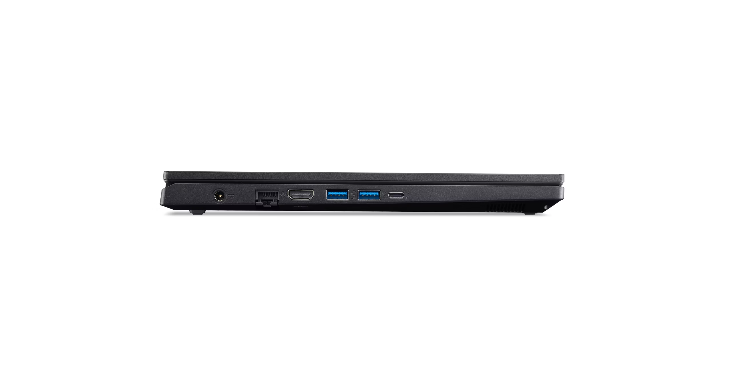 Siyah dizüstü bilgisayar bağlantı noktaları yakın çekimi: güç, Ethernet, HDMI, USB-A, USB-C.