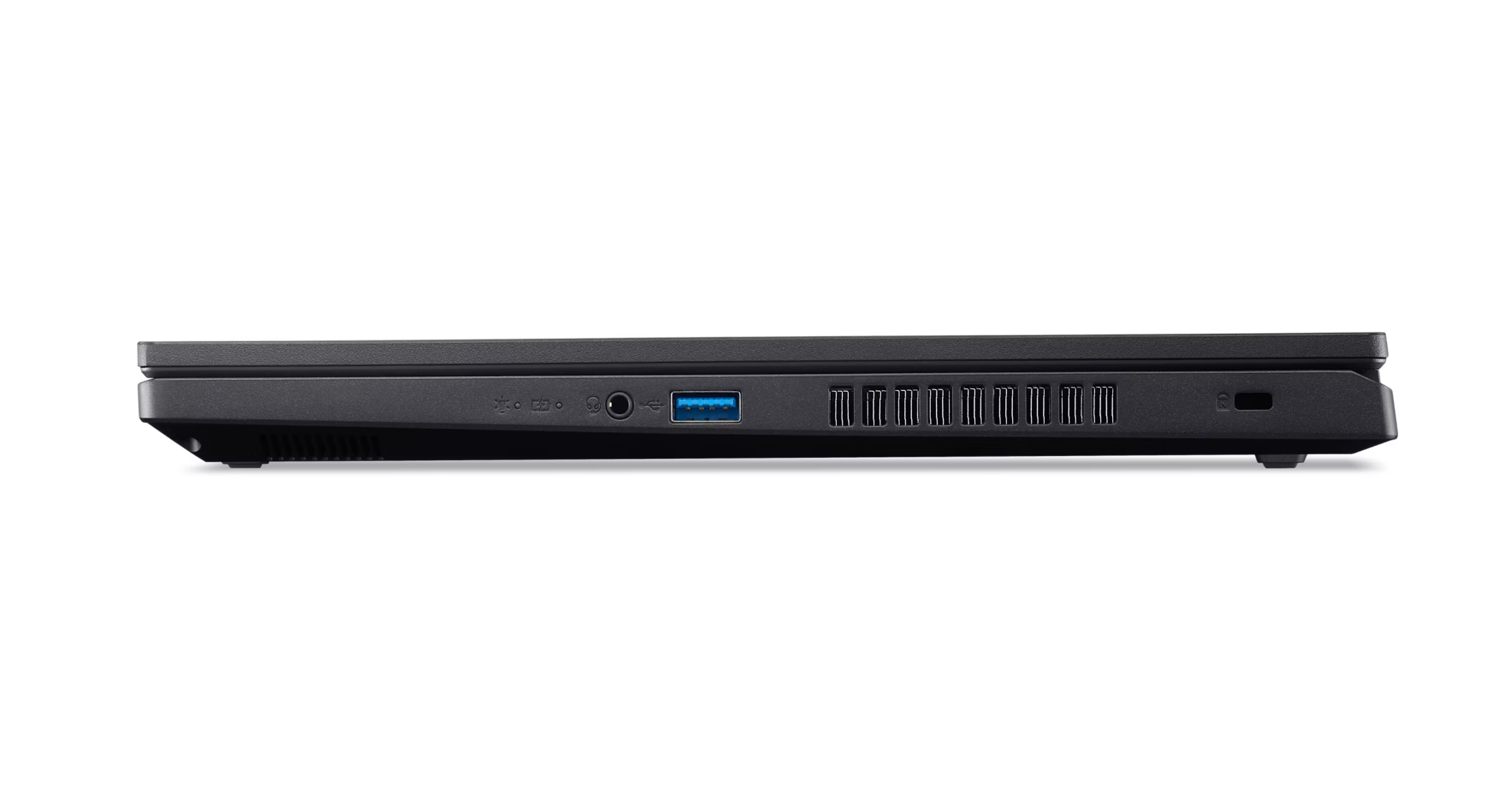 USB bağlantı noktası, kulaklık jakı ve havalandırma delikleri olan siyah laptop yan görünümü.