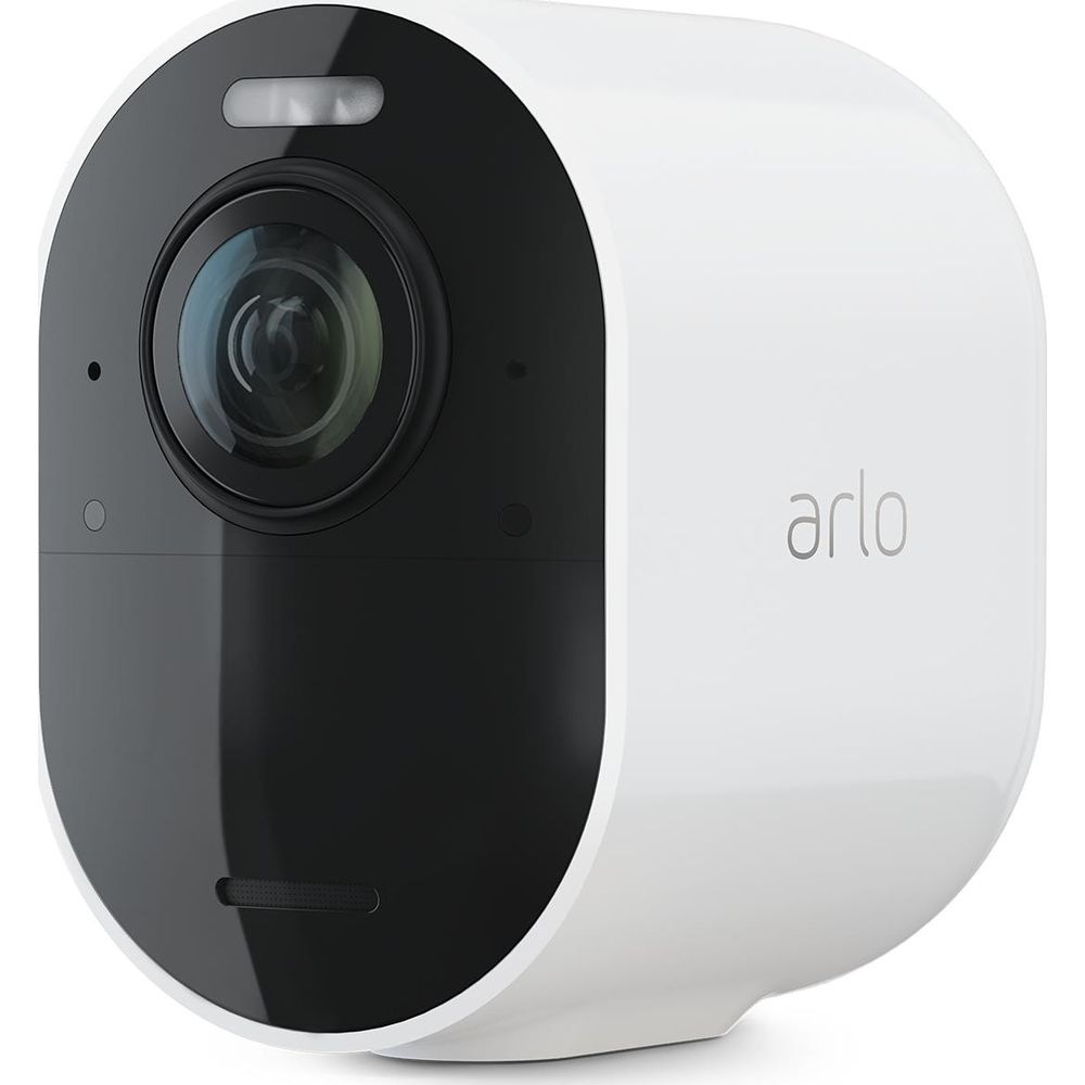Biała kamera bezpieczeństwa Arlo z czarnym przodem i obiektywem.