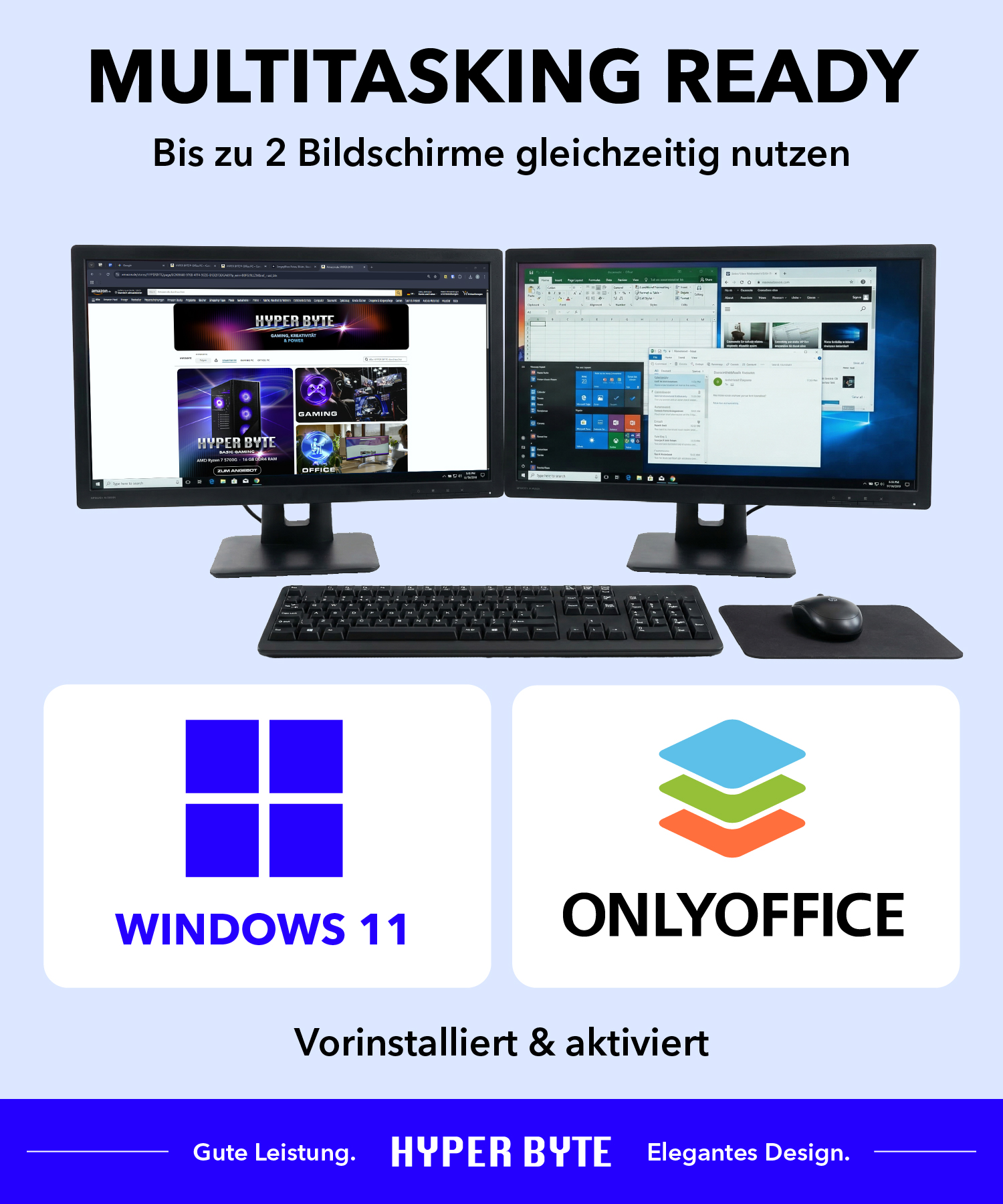 Dwa monitory wyświetlają Windows 11 i aplikacje biurowe. Klawiatura i mysz są obecne.