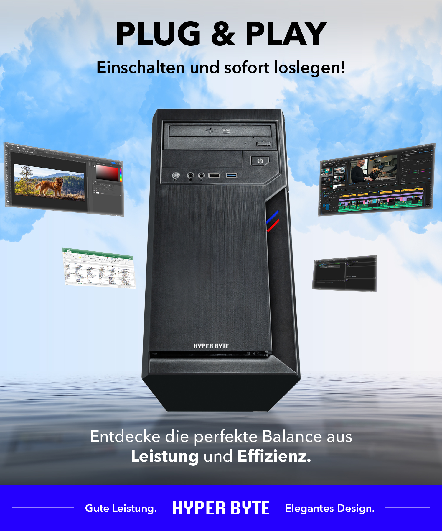 Czarna obudowa komputera z trzema oknami oprogramowania przed nią, wszystko na tle niebieskiego nieba.