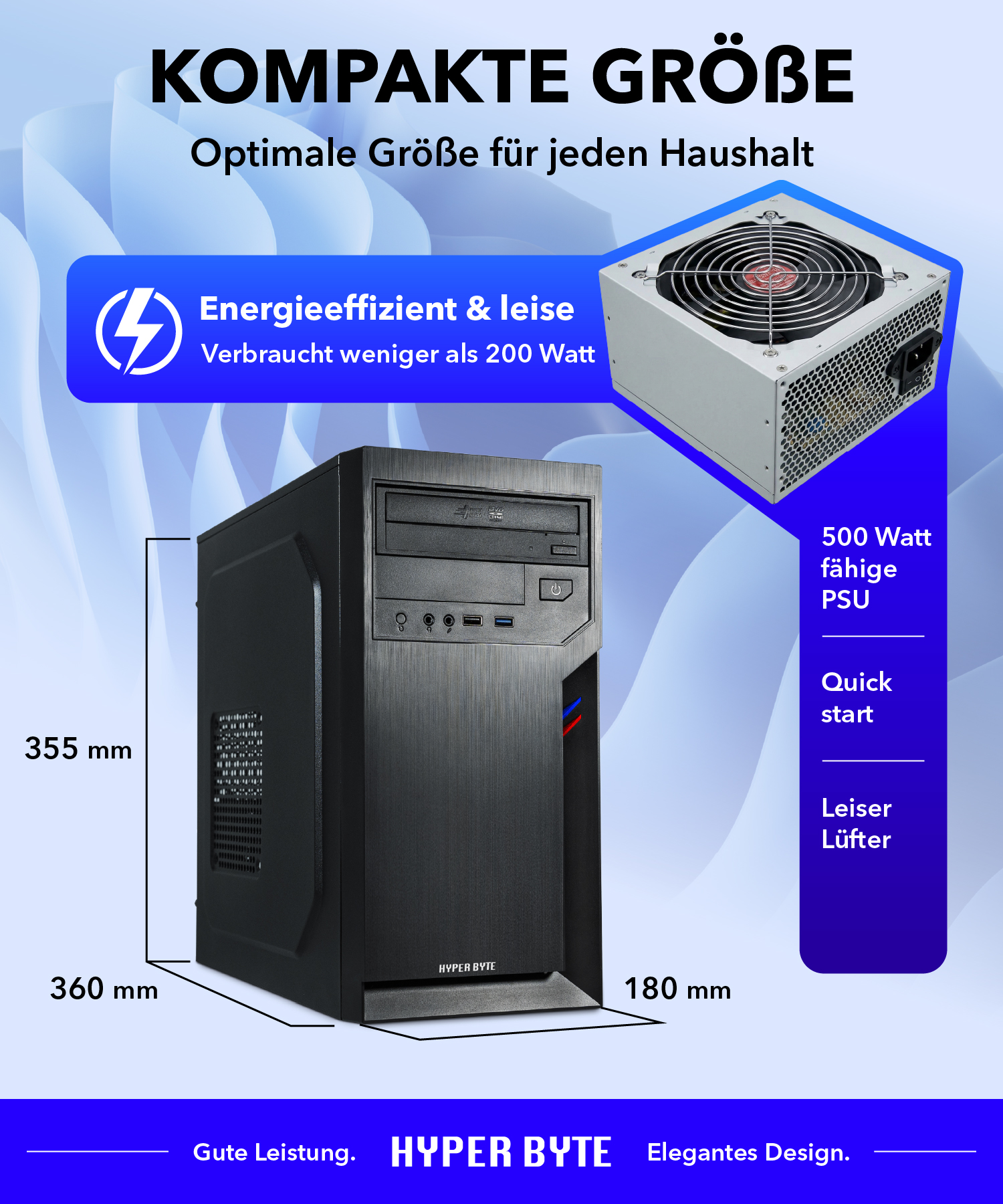 Czarna obudowa komputera z wymiarami i zasilaczem. "Kompaktowy rozmiar".