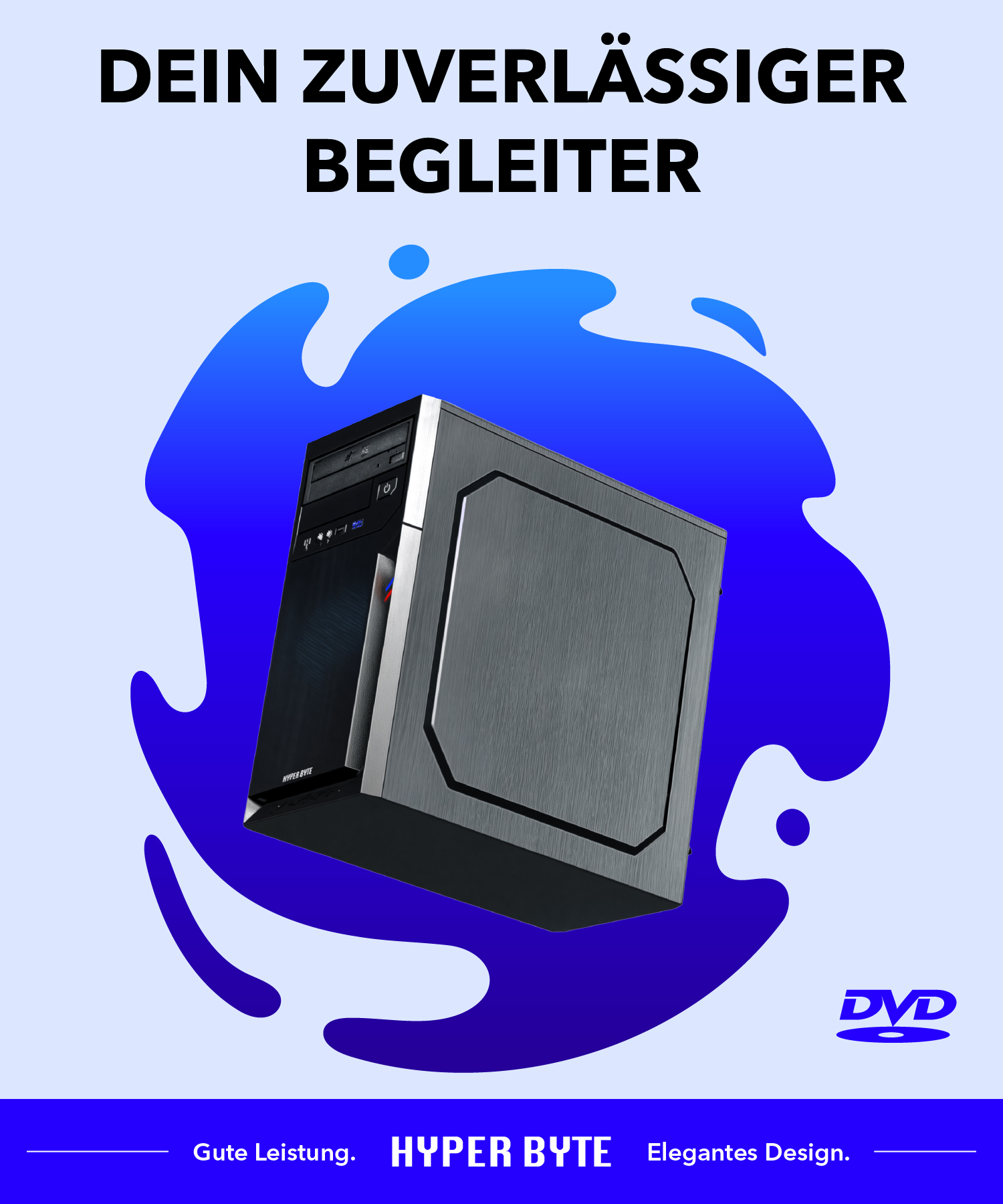 Czarna obudowa komputera ze srebrnym panelem przednim. TWOJE NIEZAWODNE TOWARZYSTWO.