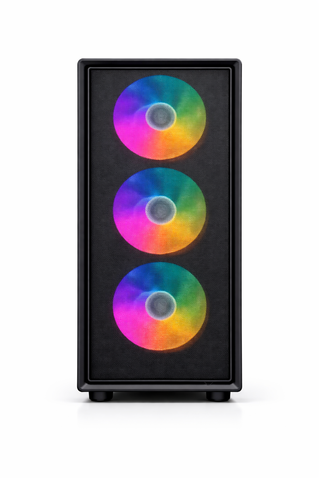Zwarte pc-behuizing met drie RGB-ventilatoren boven.