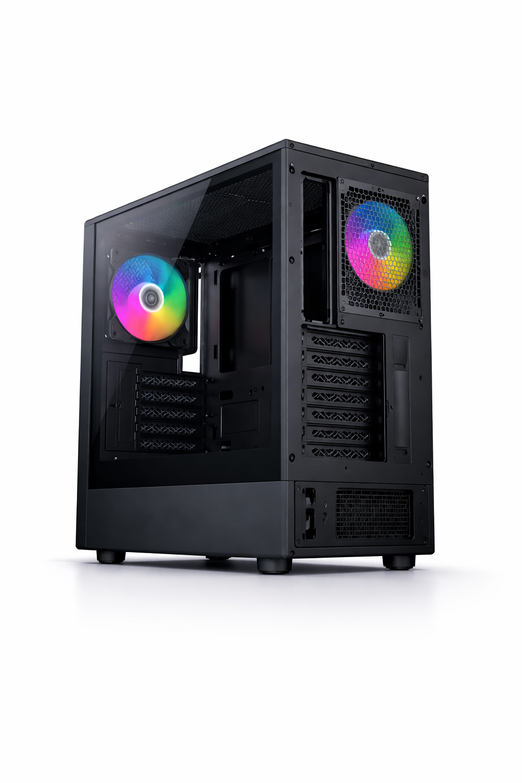 Een zwarte pc-behuizing met glazen venster en kleurrijke RGB-ventilatoren.