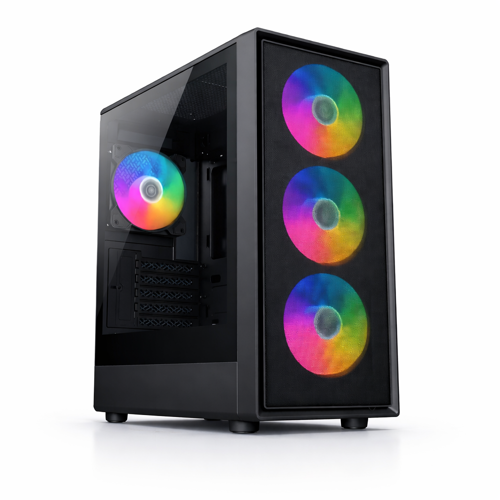 Zwarte PC-kast met glazen zijpaneel en drie kleurrijke RGB-ventilatoren aan de voorzijde.