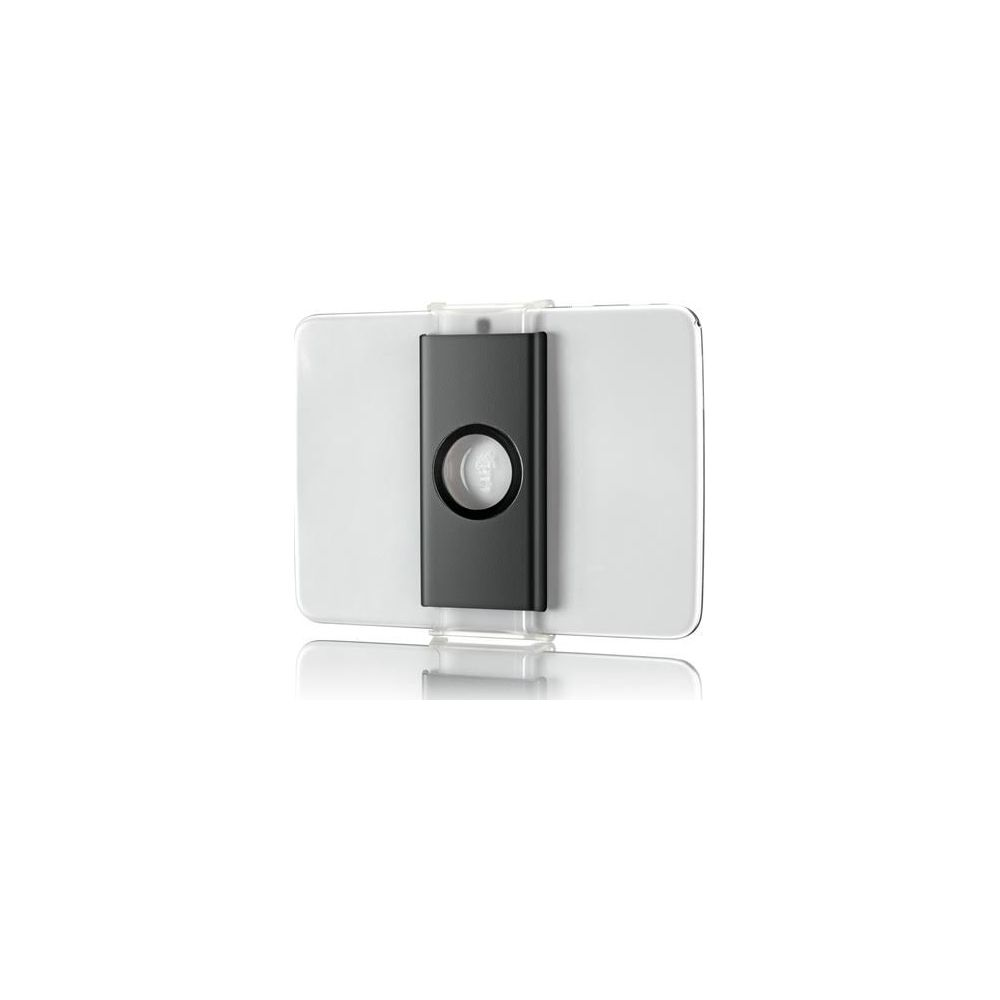 Biały smartfon z czarnym uchwytem i okrągłym otworem z tyłu.