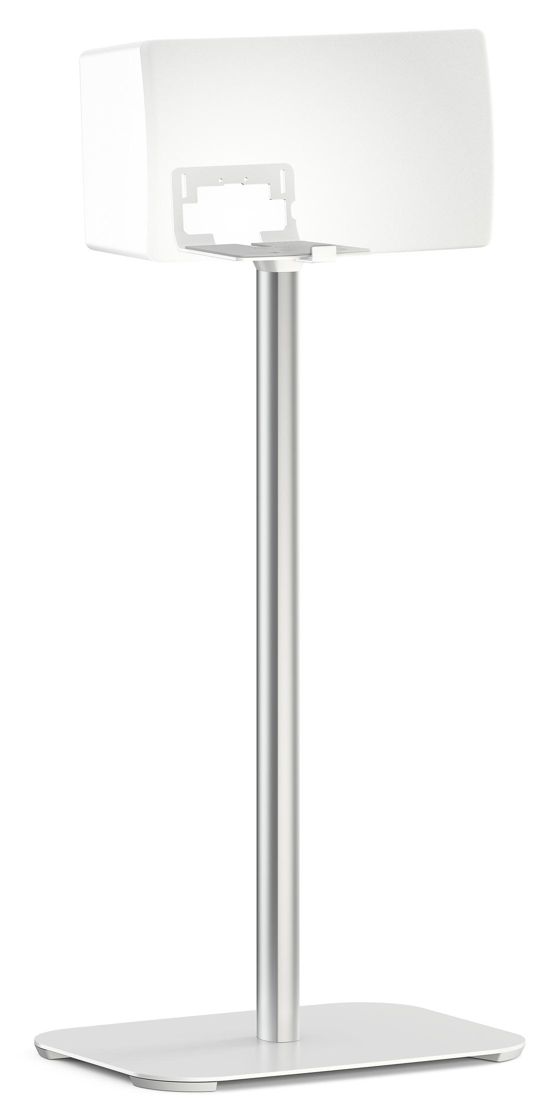 A white speaker stand with a silver base and pole.